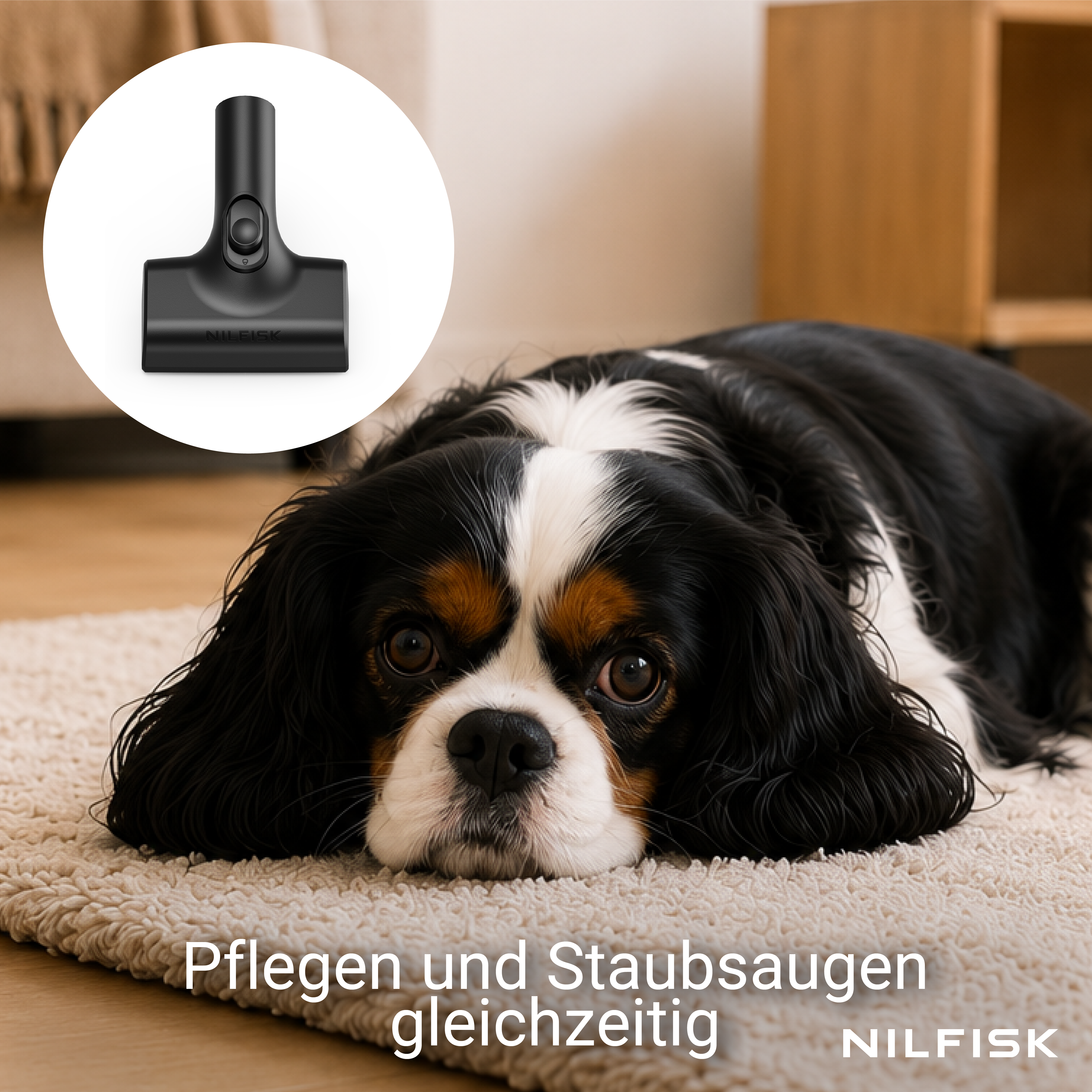 Ein Cavalier King Charles Spaniel liegt auf einem Teppich neben einem Staubsaugerkopf.
