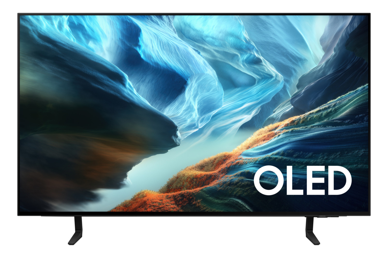 Un moderno televisore OLED con un'immagine di sfondo astratta e colorata.