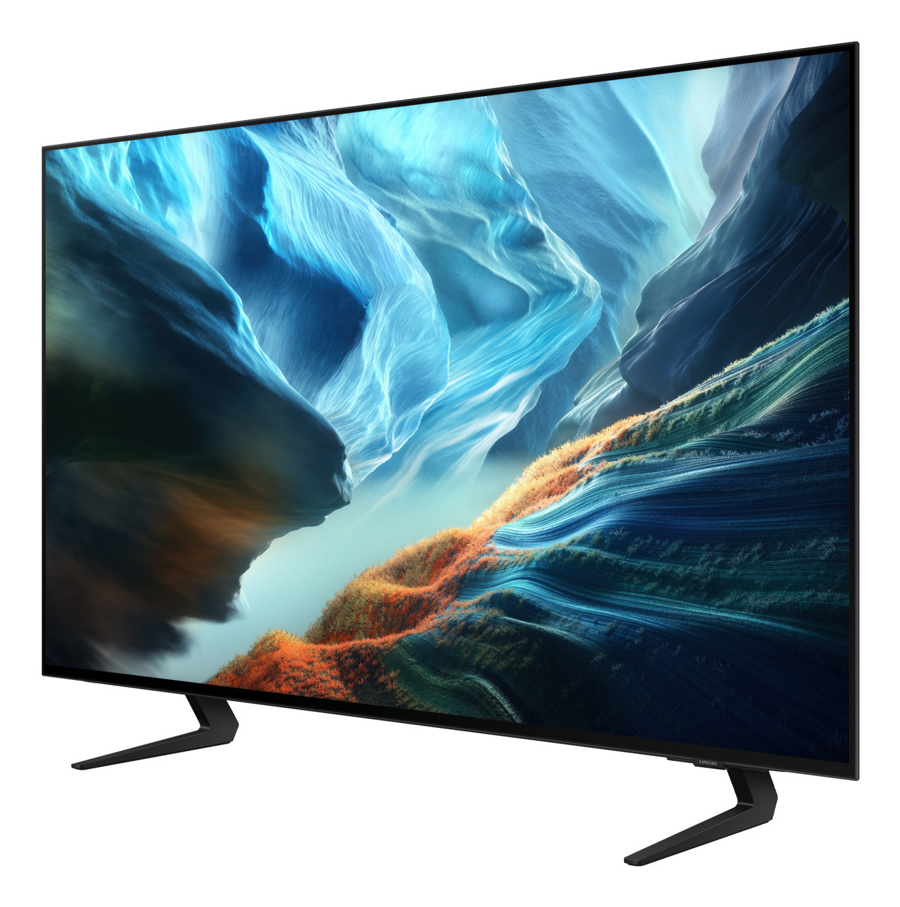 Un televisore moderno che mostra un paesaggio astratto blu e arancione sul suo schermo.