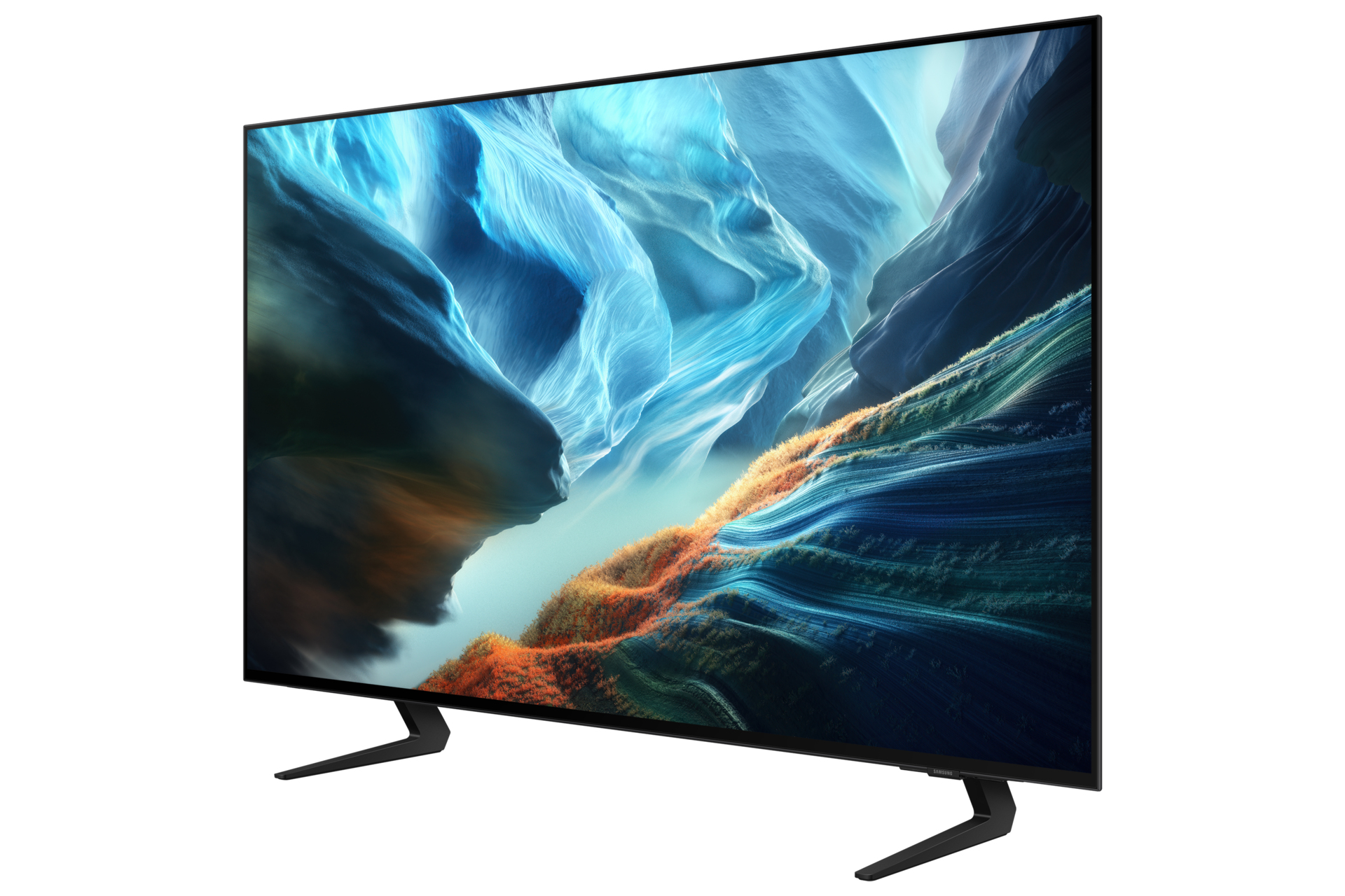 Una moderna TV a schermo piatto che mostra un'immagine vibrante di formazioni montuose.