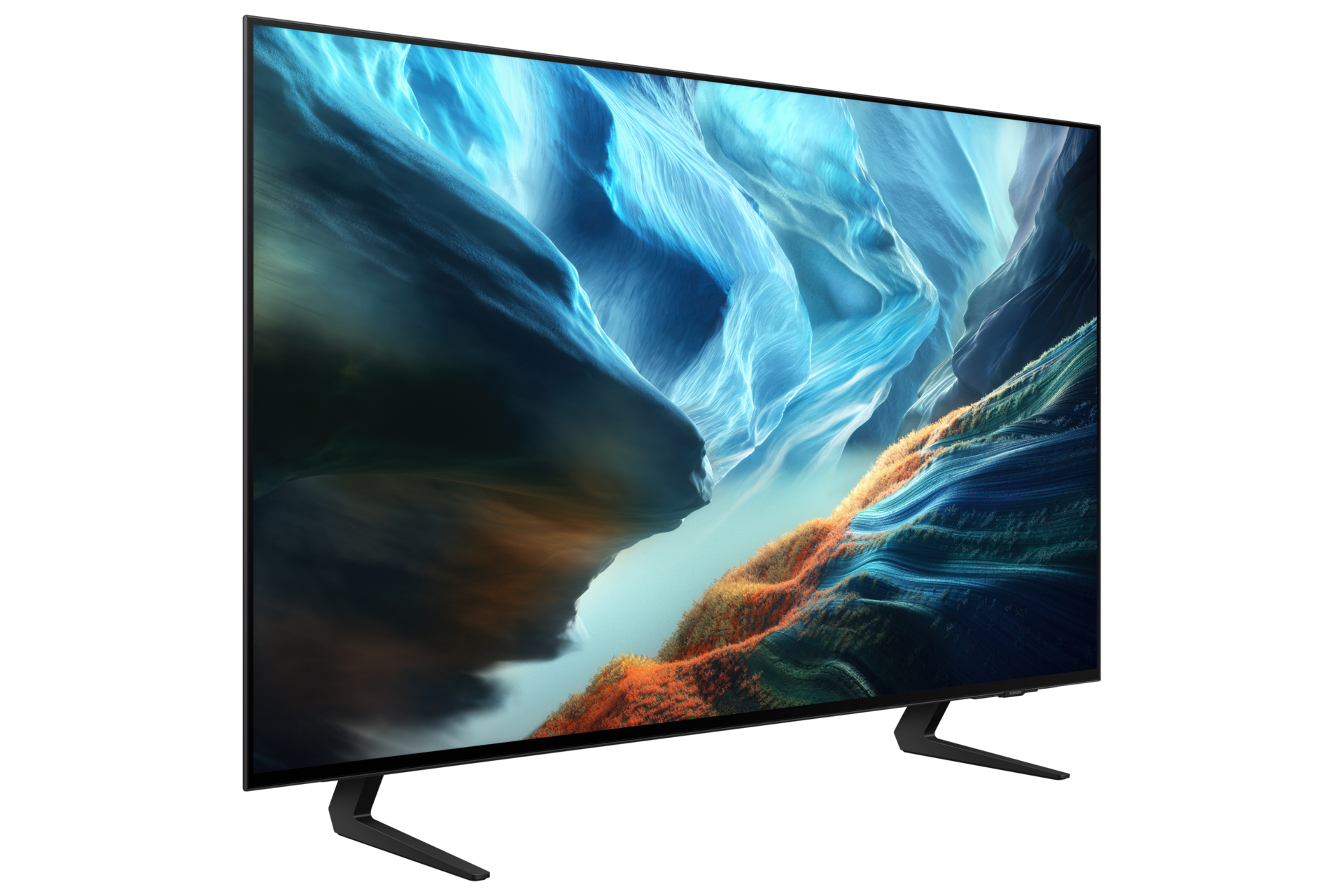Un televisore moderno con un'immagine astratta blu e arancione sullo schermo.