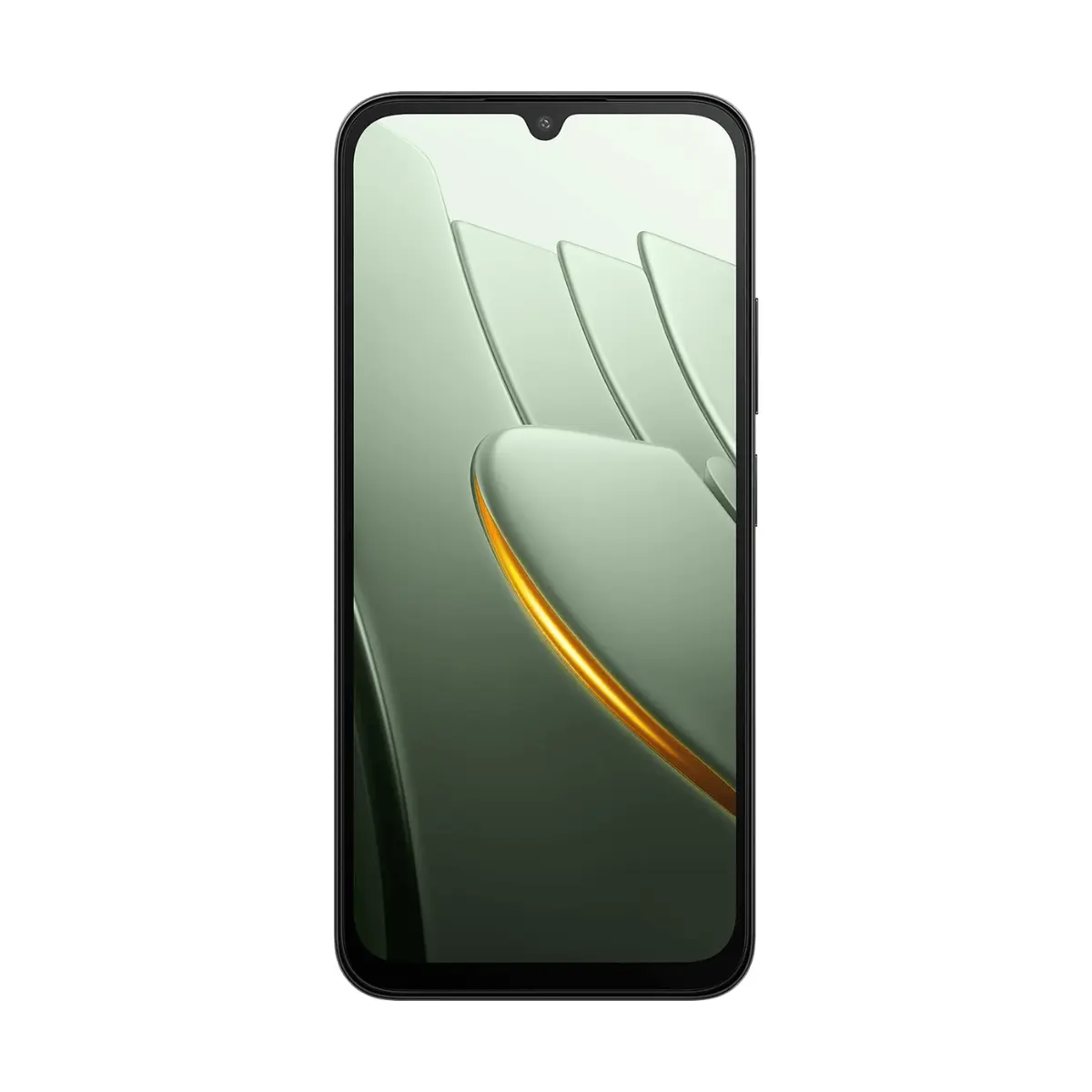 Un smartphone morado oscuro con pantalla con muesca que muestra un patrón abstracto verde y dorado.