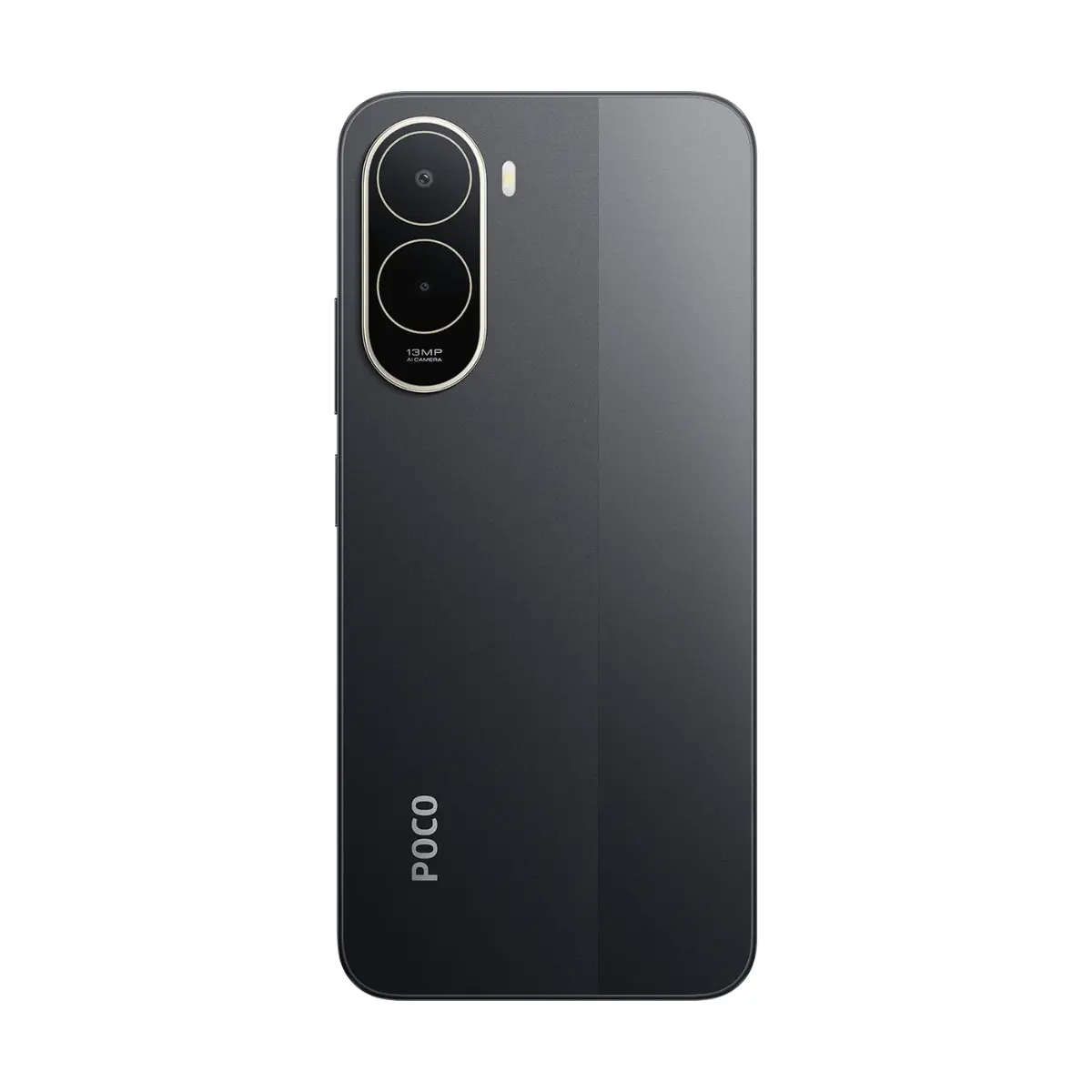 Parte trasera de un smartphone Poco negro con módulo de cámara vertical y logo.