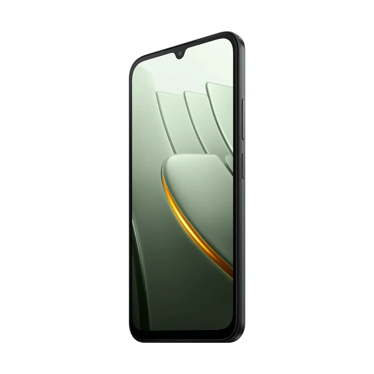 Un smartphone negro con un fondo abstracto verde y dorado en la pantalla.