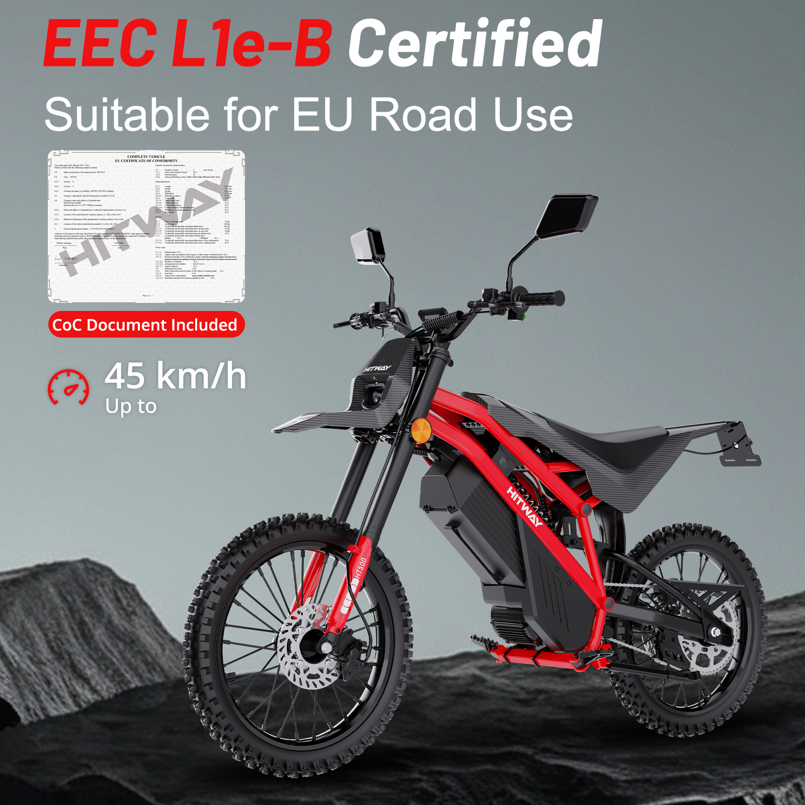 Czerwony rower elektryczny typu dirt bike z certyfikatem EEC, prędkość do 45 km/h.