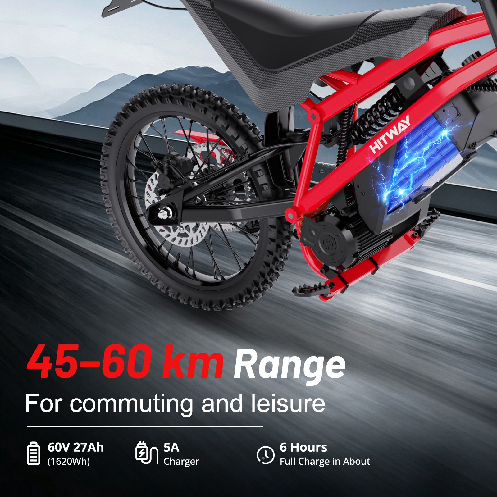 Czerwony motocykl elektryczny zasięg 45-60 km, bateria 60V 27Ah, ładowarka 5A.