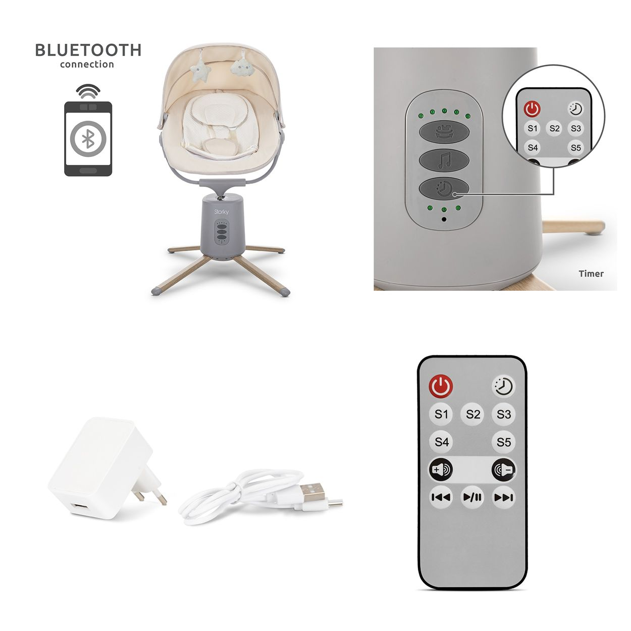 Ein Babywippen-Set mit Netzteil, USB-Kabel, Fernbedienung und Bluetooth-Symbol.