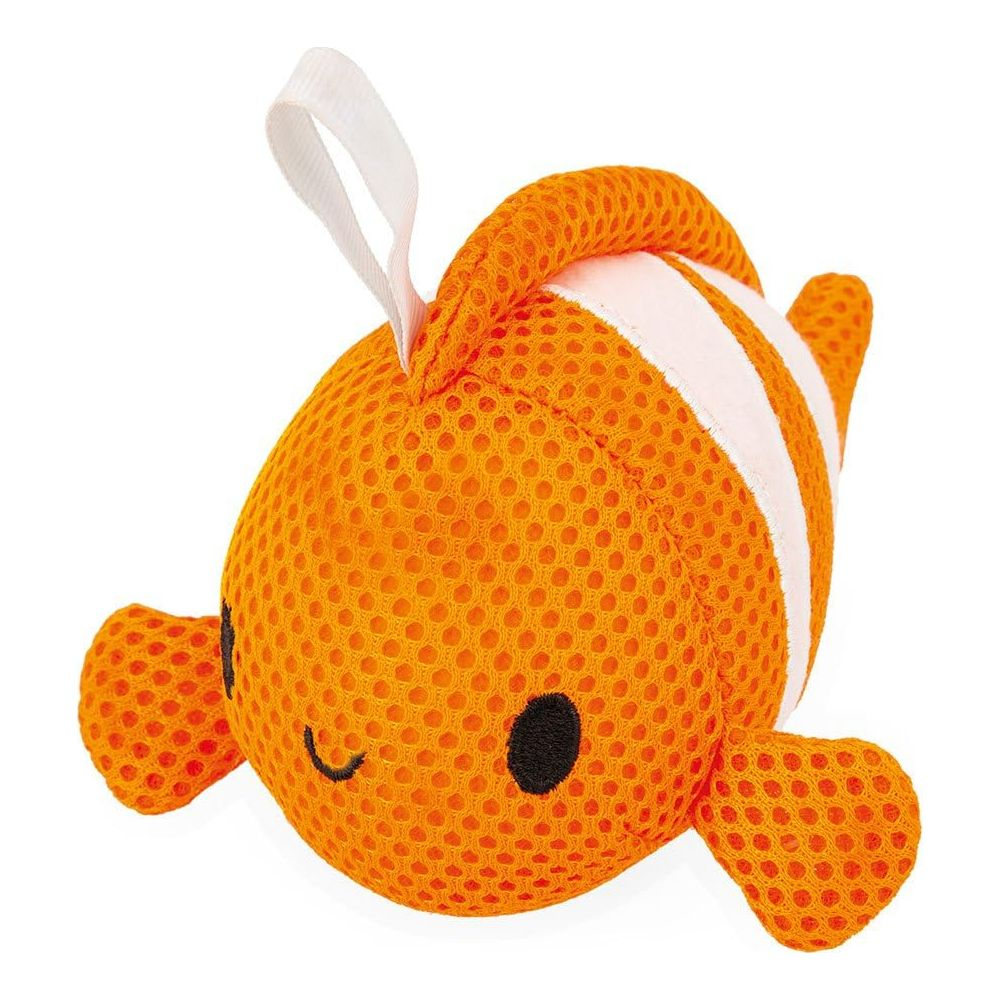Ein orangefarbener Clownfisch-Schwamm mit weißen Streifen und einer Schlaufe.