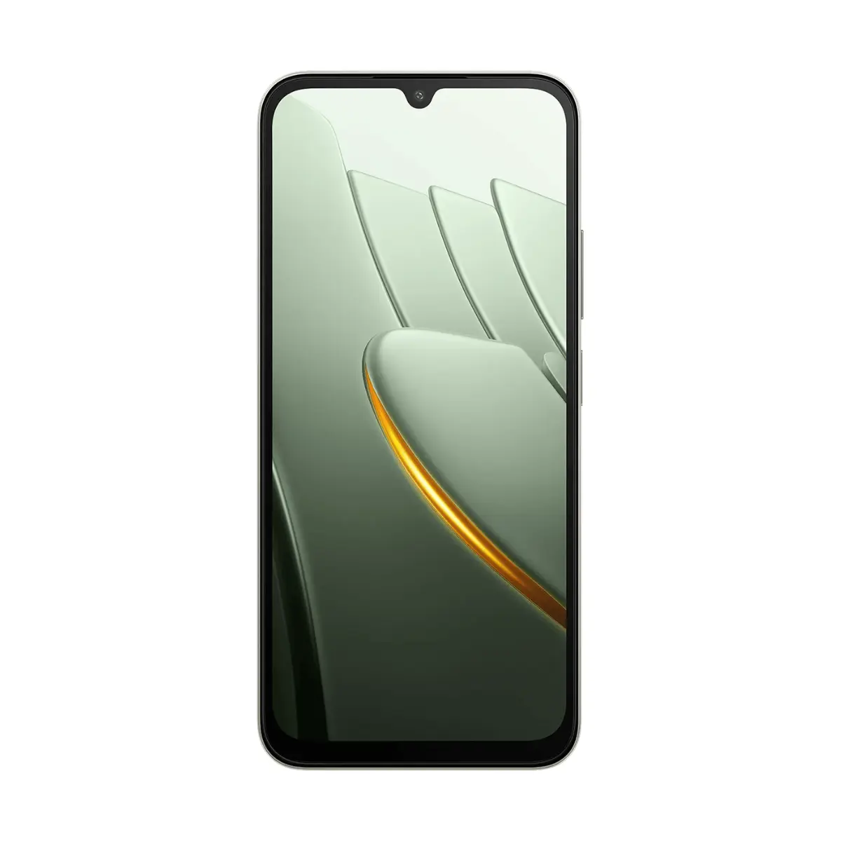Un smartphone que muestra un fondo abstracto verde y dorado.