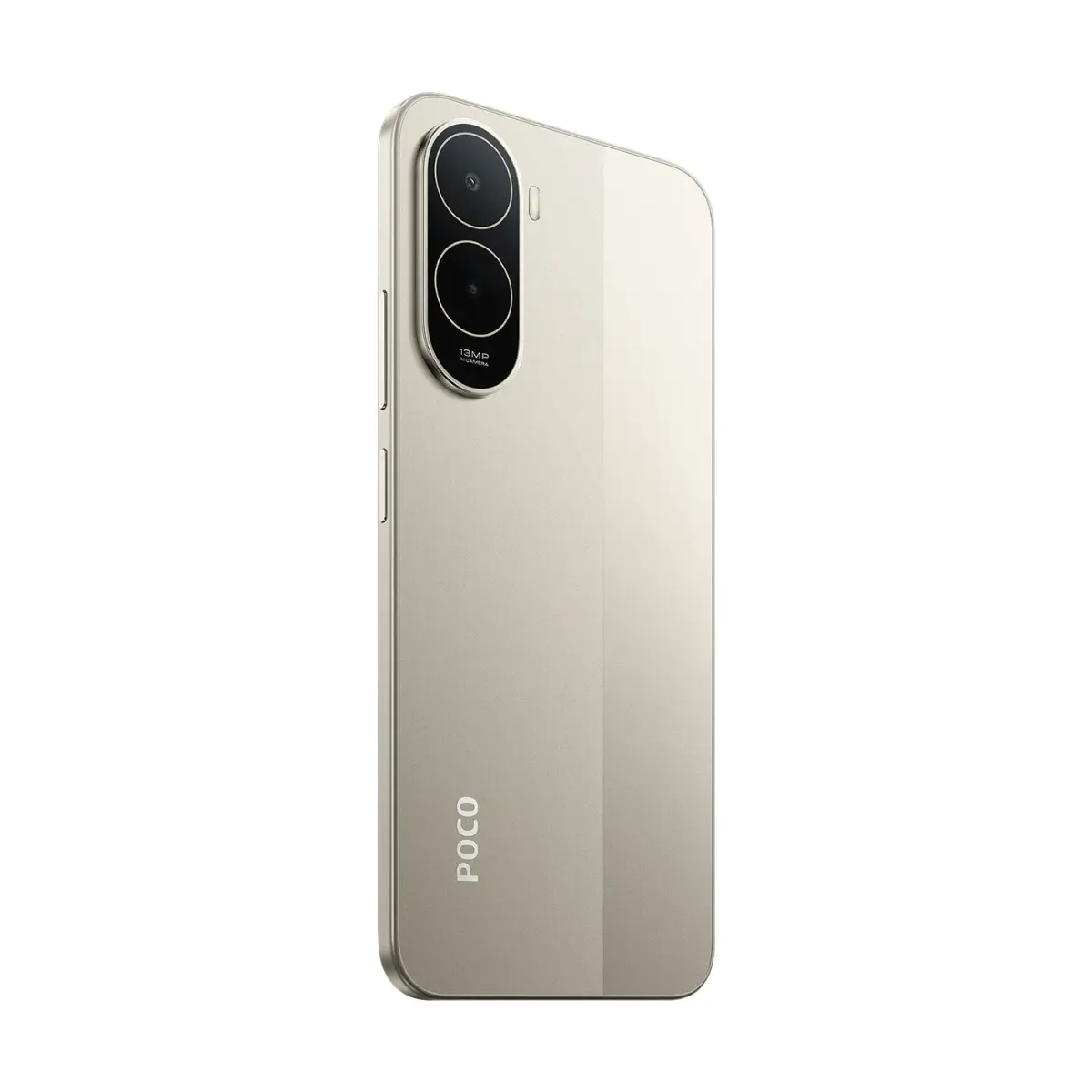 Un smartphone dorado claro con dos cámaras y logo POCO sobre fondo blanco.