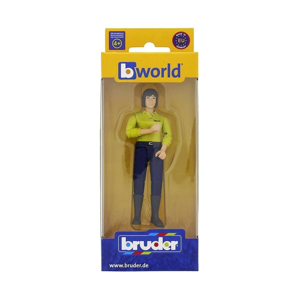 Personaggio giocattolo Bruder in scatola, indossa camicia verde e pantaloni blu.