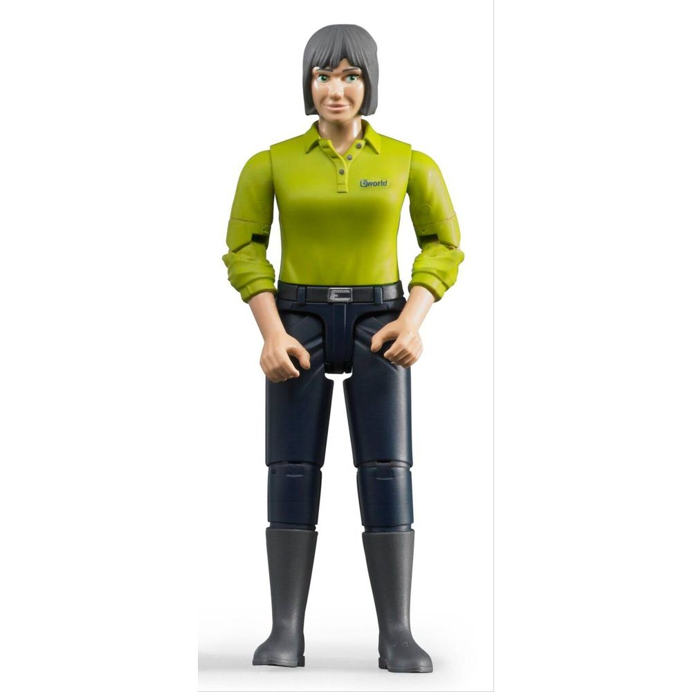 Una figura giocattolo di donna con capelli grigi, indossa camicia verde lime e pantaloni blu scuro.