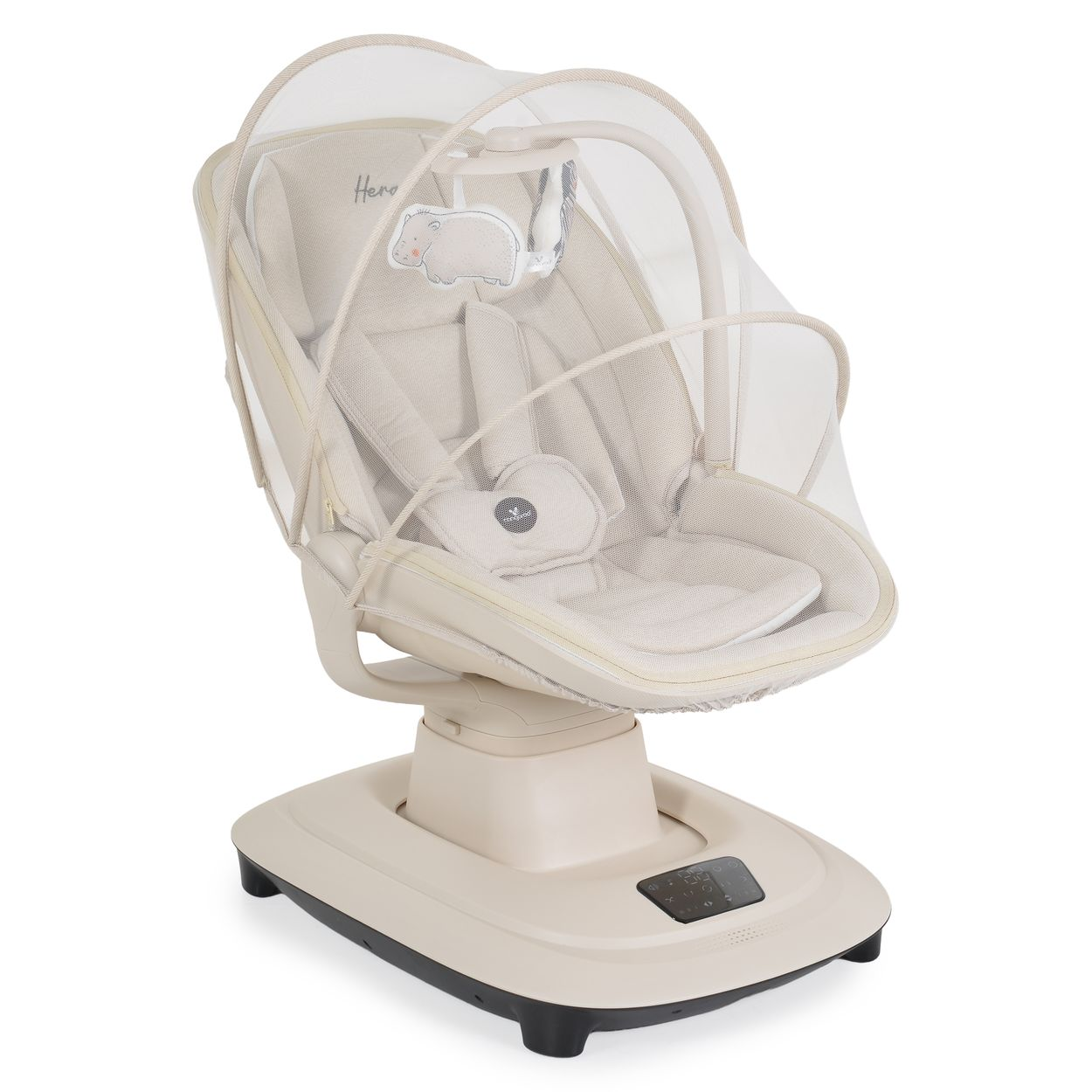 Eine beige Babywippe mit Baldachin und einem Spielzeugelefanten