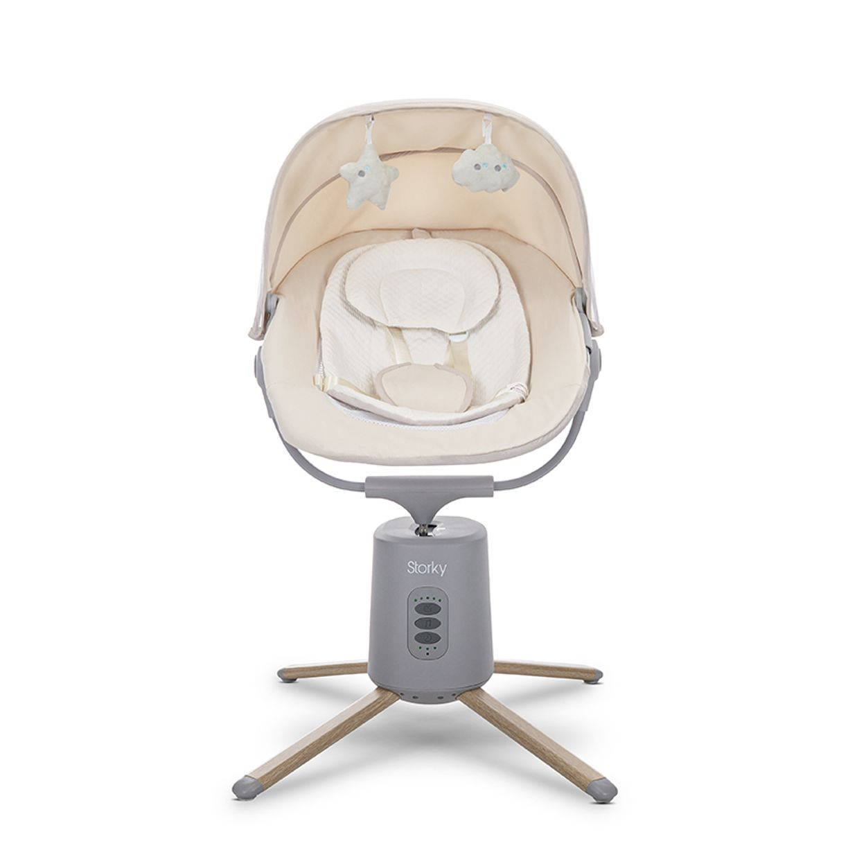 Ein beiger Babyschaukel mit Spielzeug, auf weißem Hintergrund.