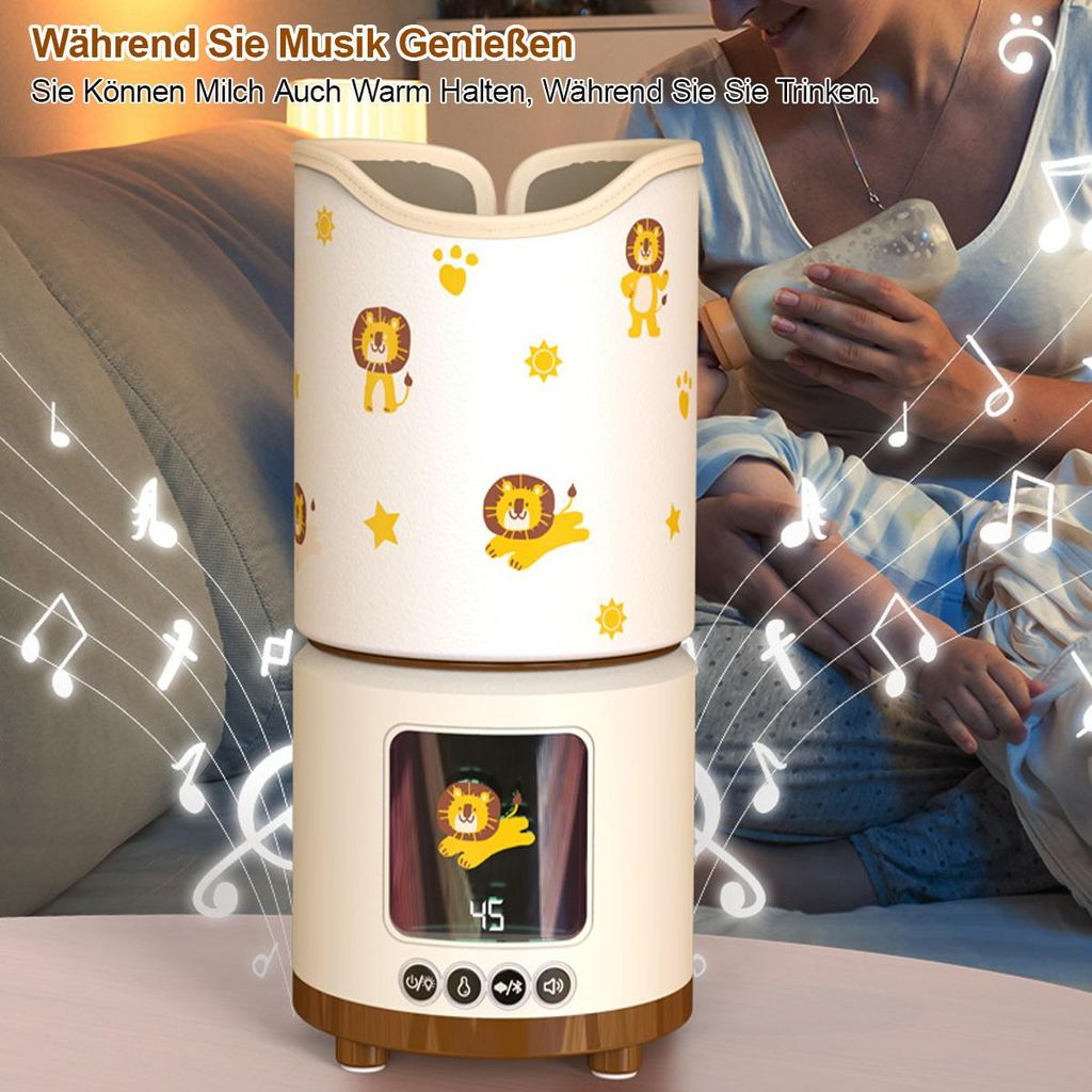 Ein Babyflaschenwärmer mit Löwenmotiven. Eine Frau füttert ein Baby.