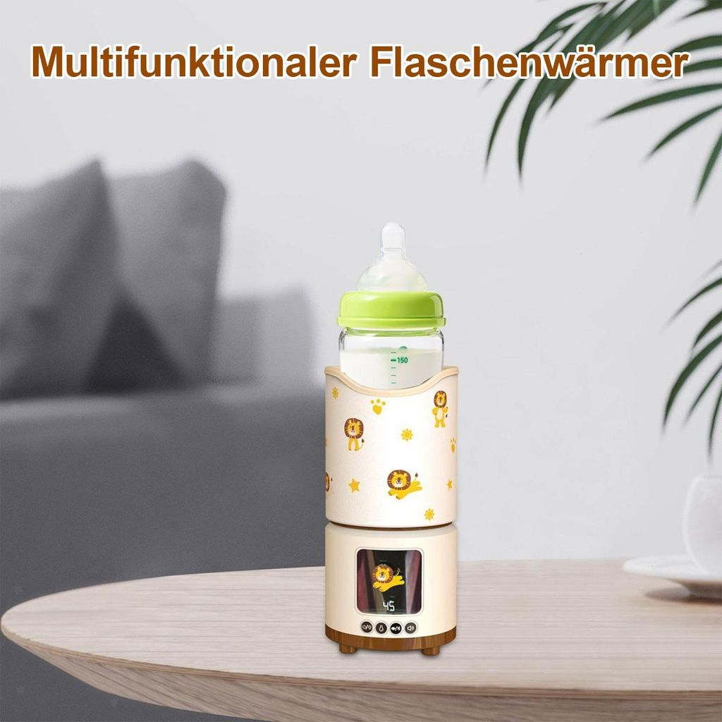 Ein multifunktionaler Flaschenwärmer mit einem Babyfläschchen und Löwenmotiven.