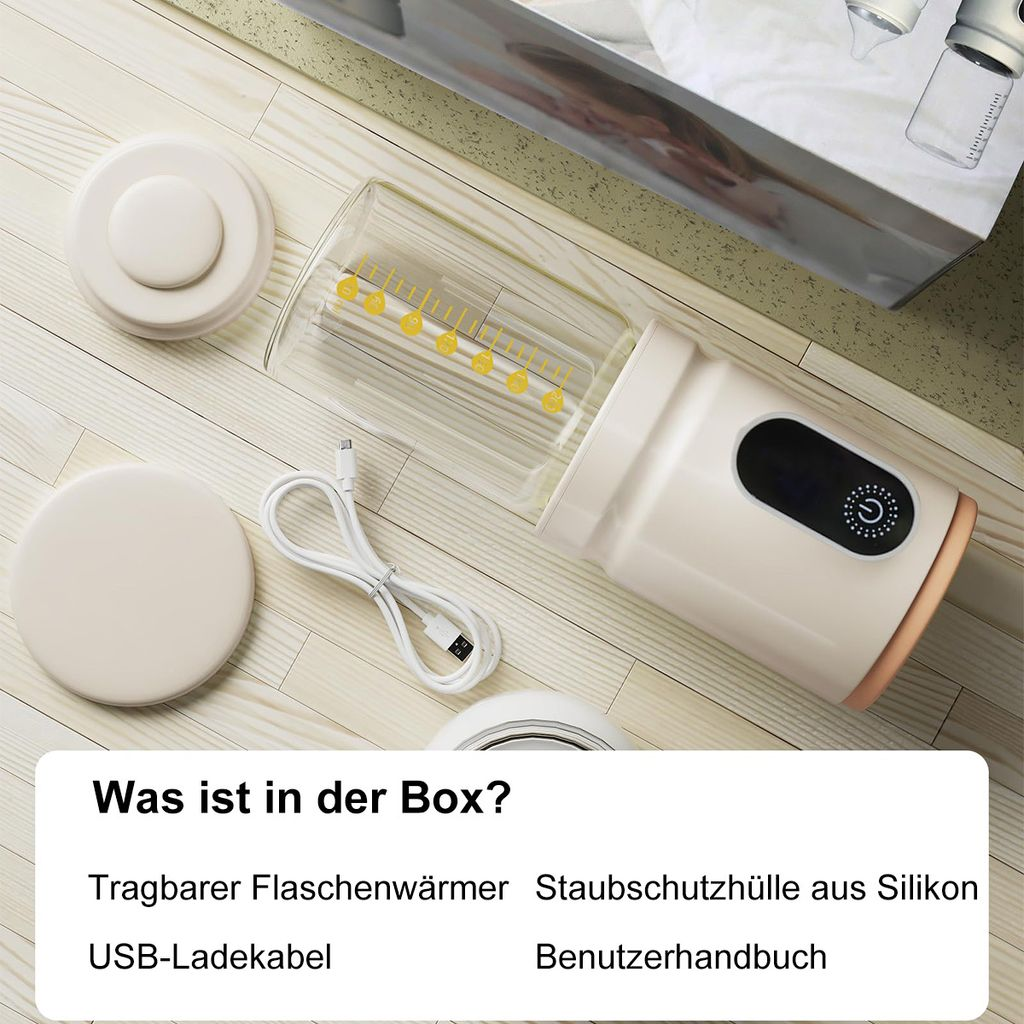 Ein tragbarer Flaschenwärmer mit USB-Kabel, Deckel und Hülle.