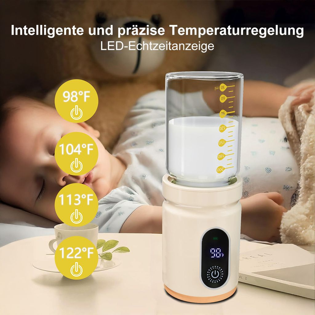 Ein Baby schläft neben einem Flaschenwärmer mit Milch und Temperaturanzeigen.