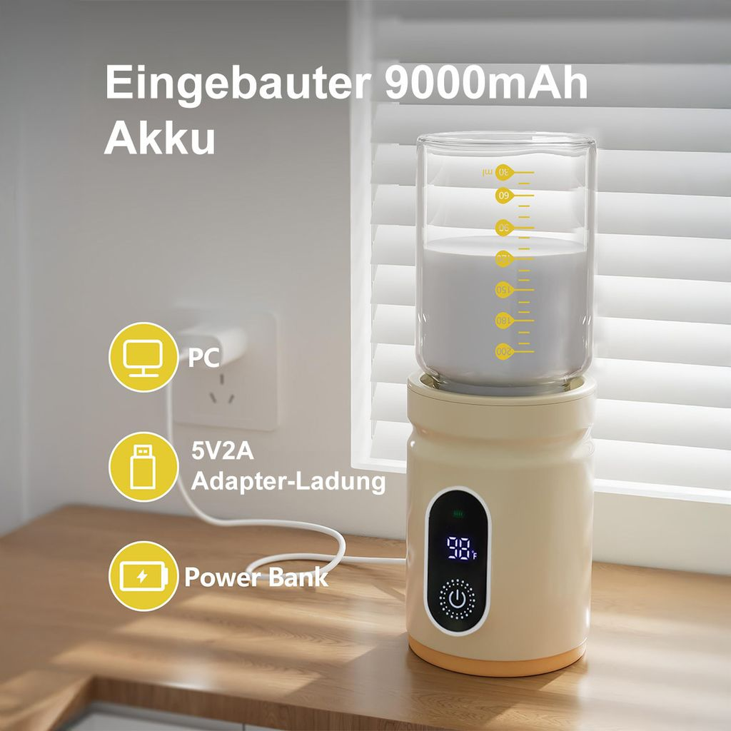 Beiger Flaschenwärmer mit Glasbehälter, Ladeanzeigen und digitalem Display.