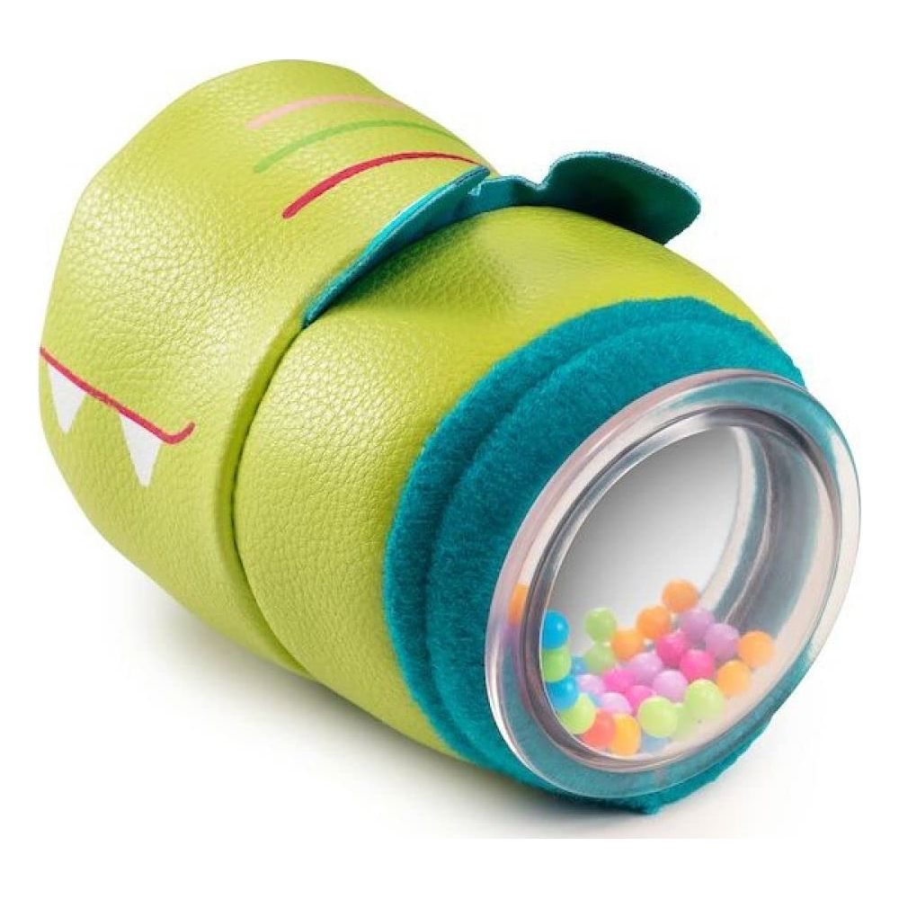 Grünes Krokodil-Rasselspielzeug mit bunten Kugeln und Zähnen.