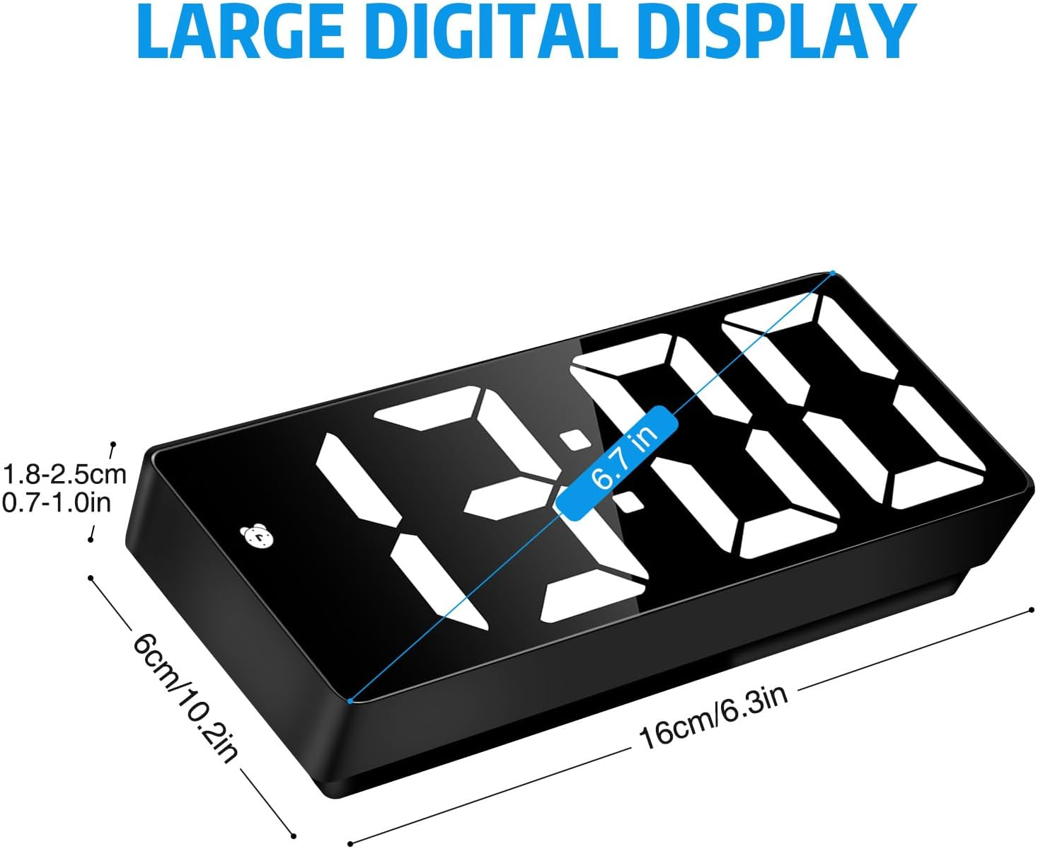 Ein schwarzer Digitalwecker mit großem Display zeigt 13:00 an. Maße sind angegeben.