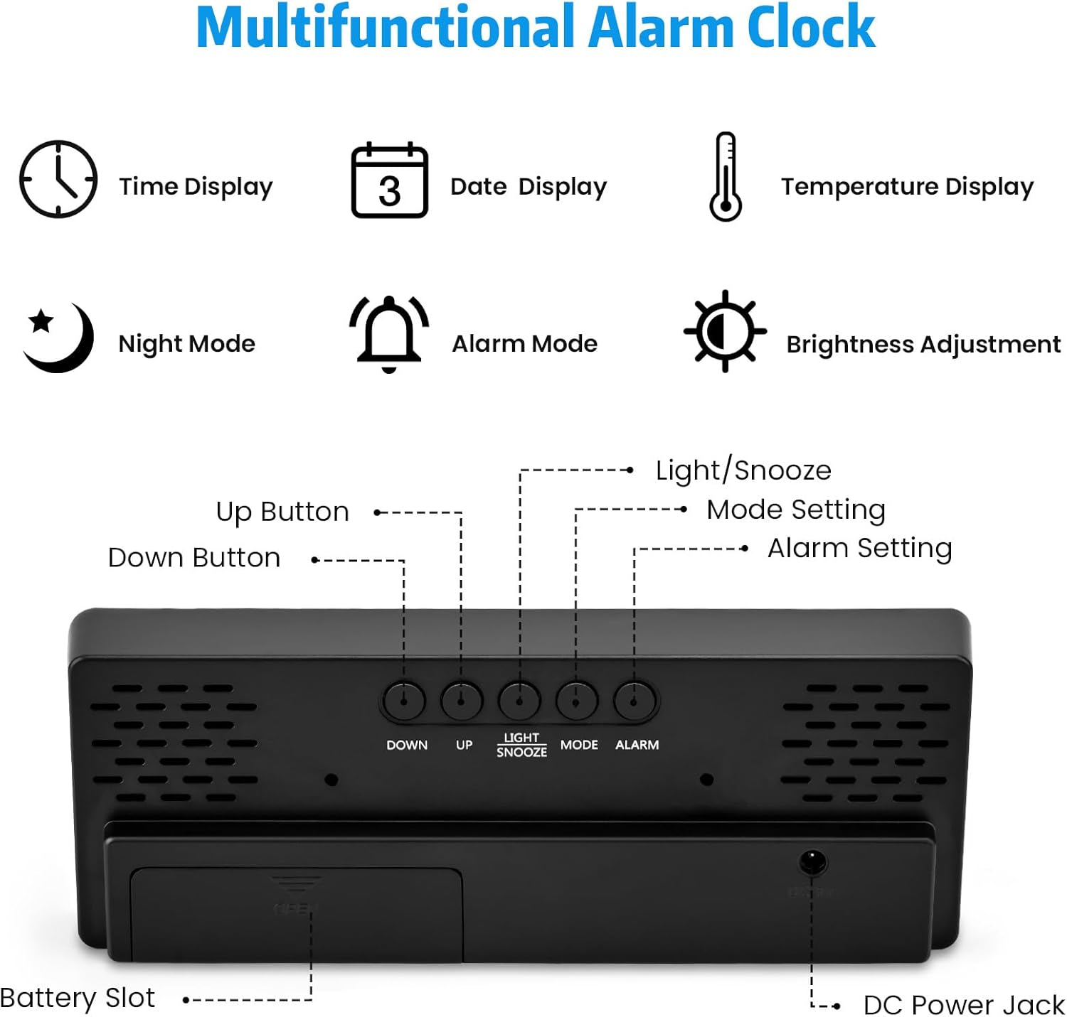 Multifunktions-Wecker mit Zeit-, Datums-, Temperaturanzeige, Nachtmodus, Alarm, Helligkeit.