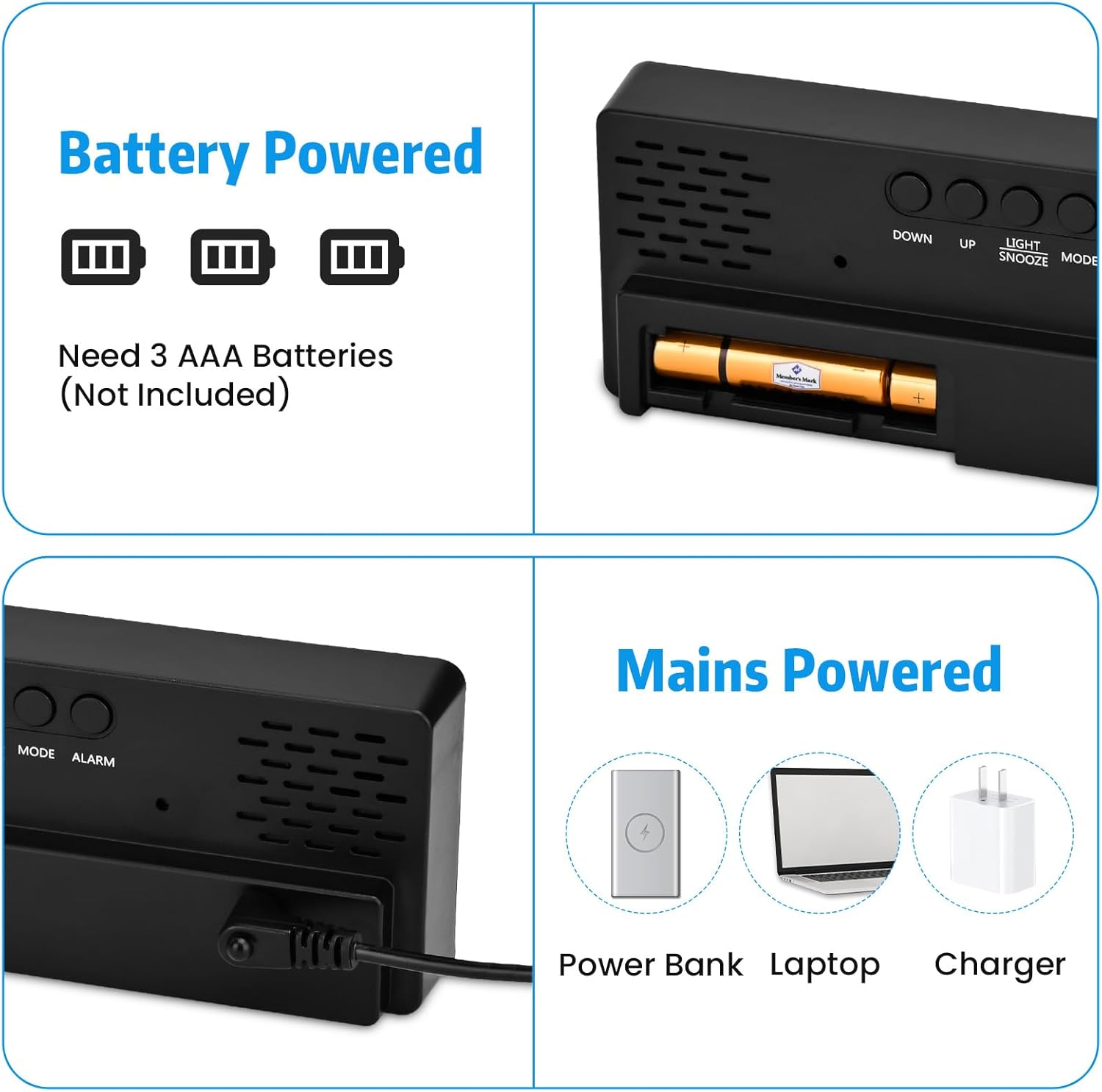 Digitaluhr mit Batteriefach und Netzteiloptionen: Powerbank, Laptop, Ladegerät.