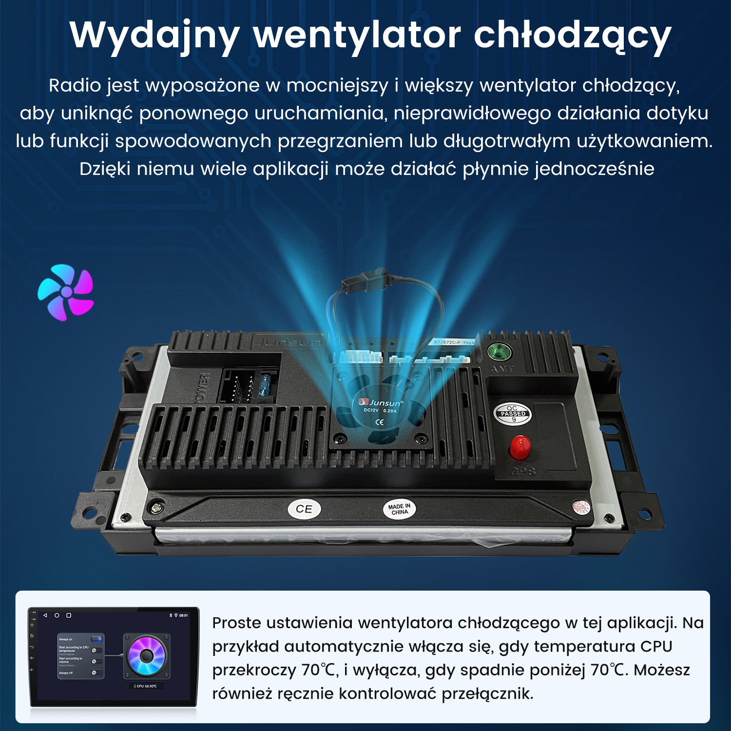 Radio samochodowe z wentylatorem, wyświetlające i kontrolujące temperaturę CPU.