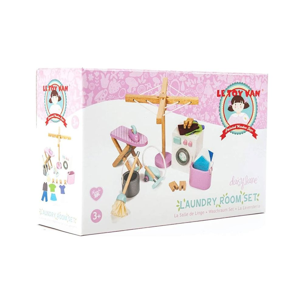 Spielzeug-Wäscheset mit Wäscheleine, Bügelbrett, Waschmaschine und Besen.