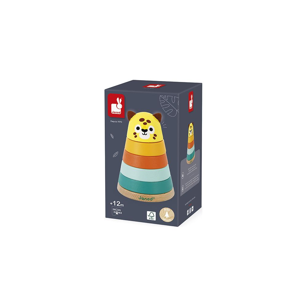 Verpackung eines Janod Stapelturms mit Tiergesicht und bunten Ringen.