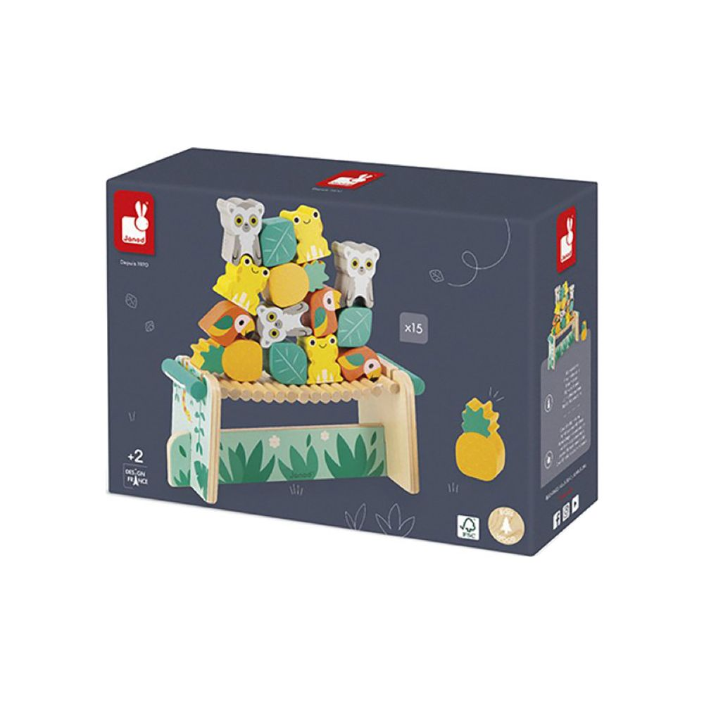 Boîte de jouets à empiler Janod avec animaux et blocs en bois, sur socle vert et blanc.