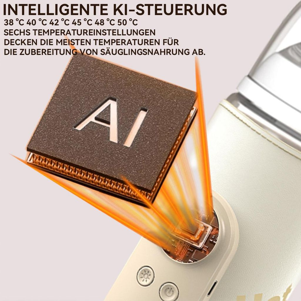 Ein KI-Chip leuchtet mit orangefarbenen Strahlen auf einem Gerät mit Text.