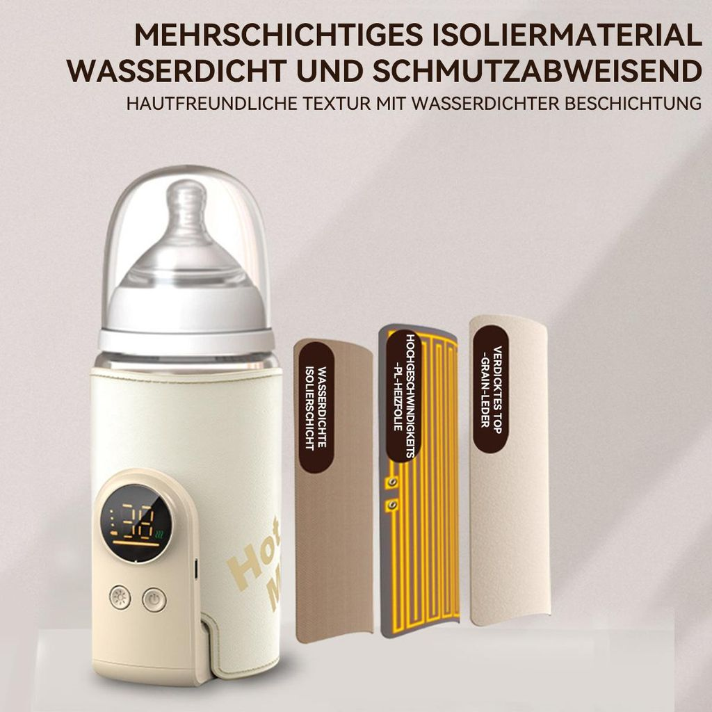 Babyflasche mit digitaler Temperaturanzeige und mehrschichtigem Isolationsmaterial.