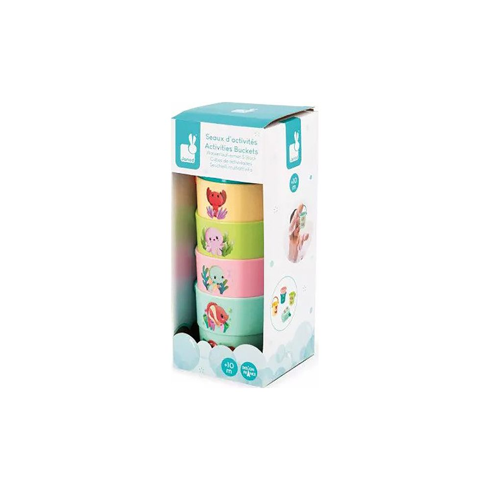 Stapelbecher mit Meerestieren: Gelb, Grün, Rosa, Türkis.