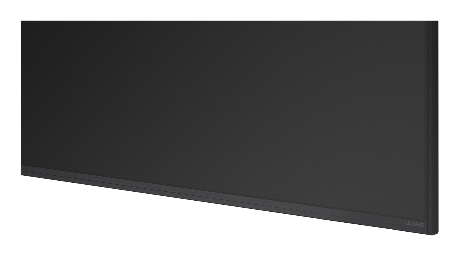 Una TV LG QNED scura su sfondo bianco, vista laterale.