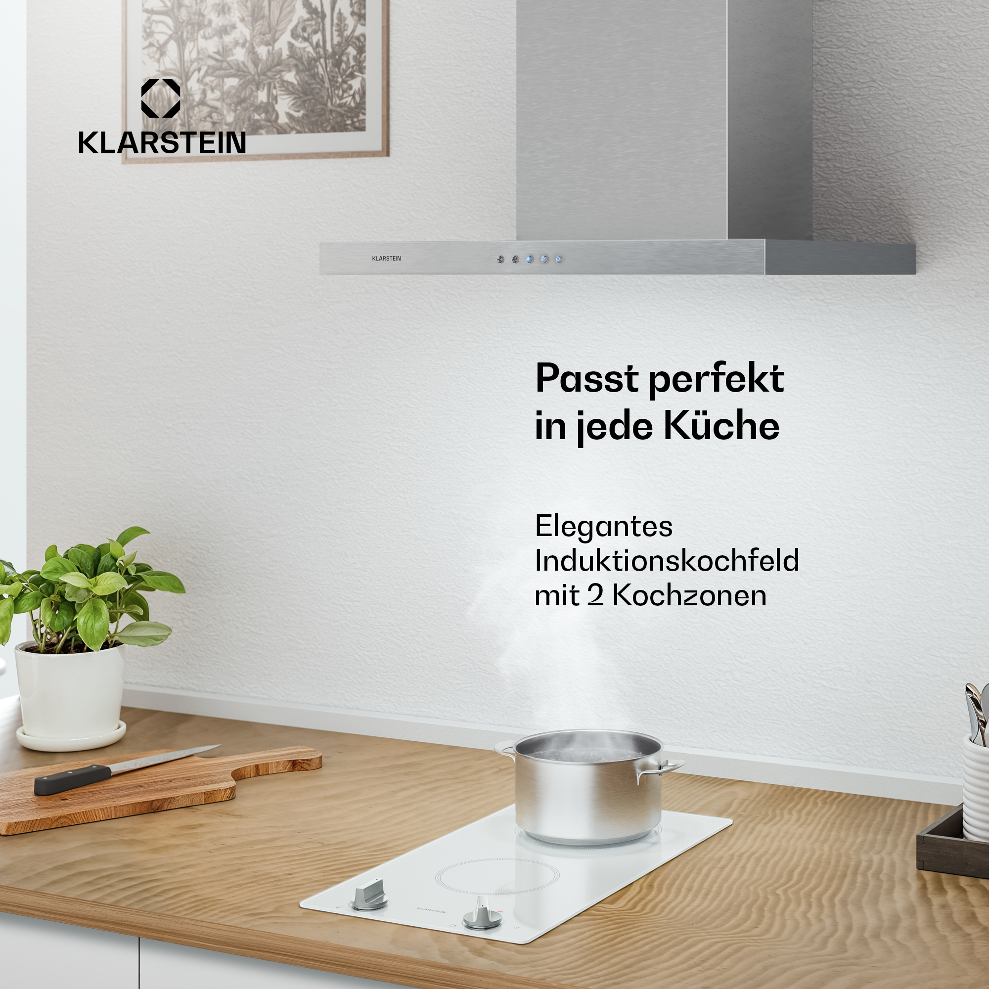 Moderner Kochbereich mit weißem Induktionskochfeld und Topf.