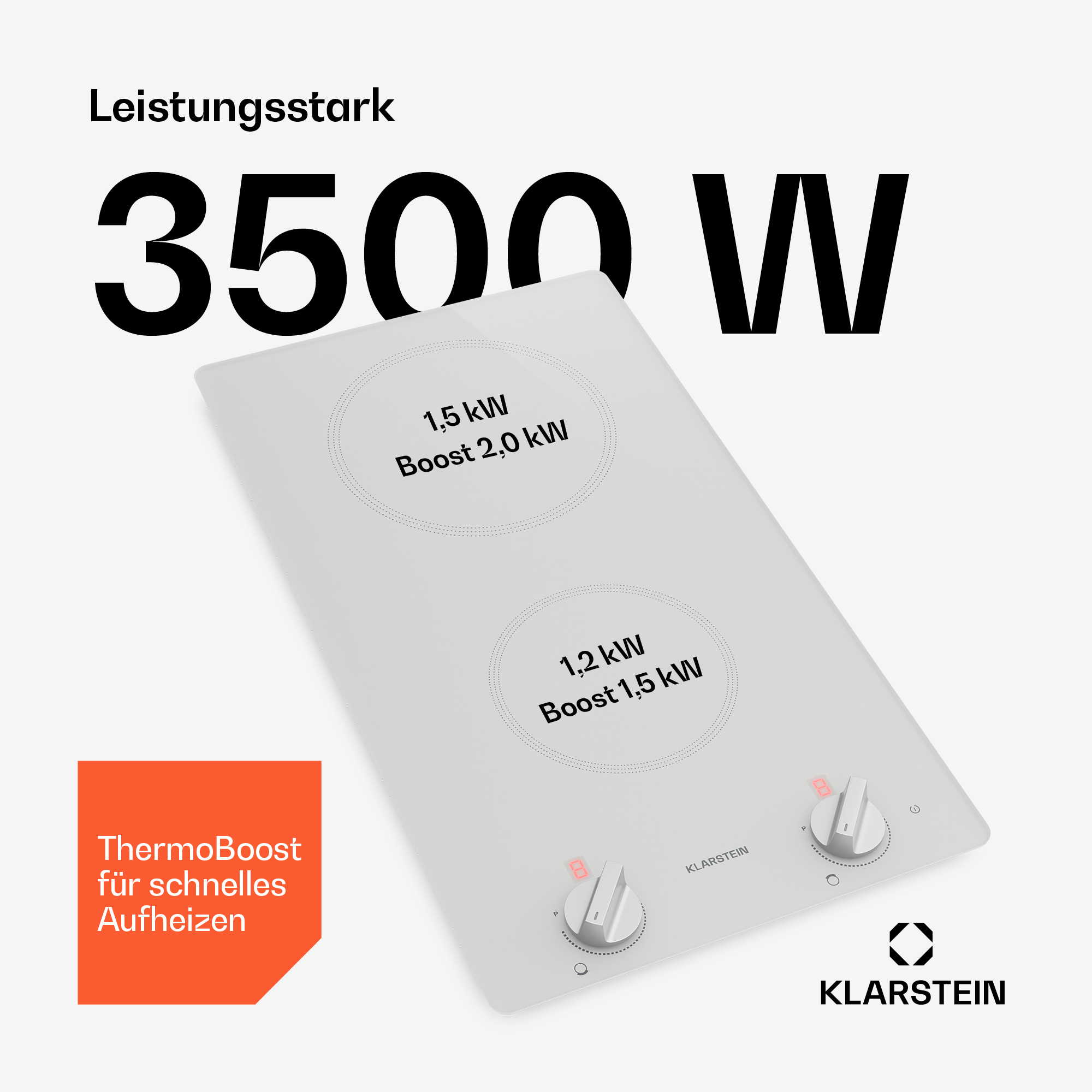 Leistungsstarker Induktionskochfeld mit 3500W, ThermoBoost für schnelles Aufheizen.