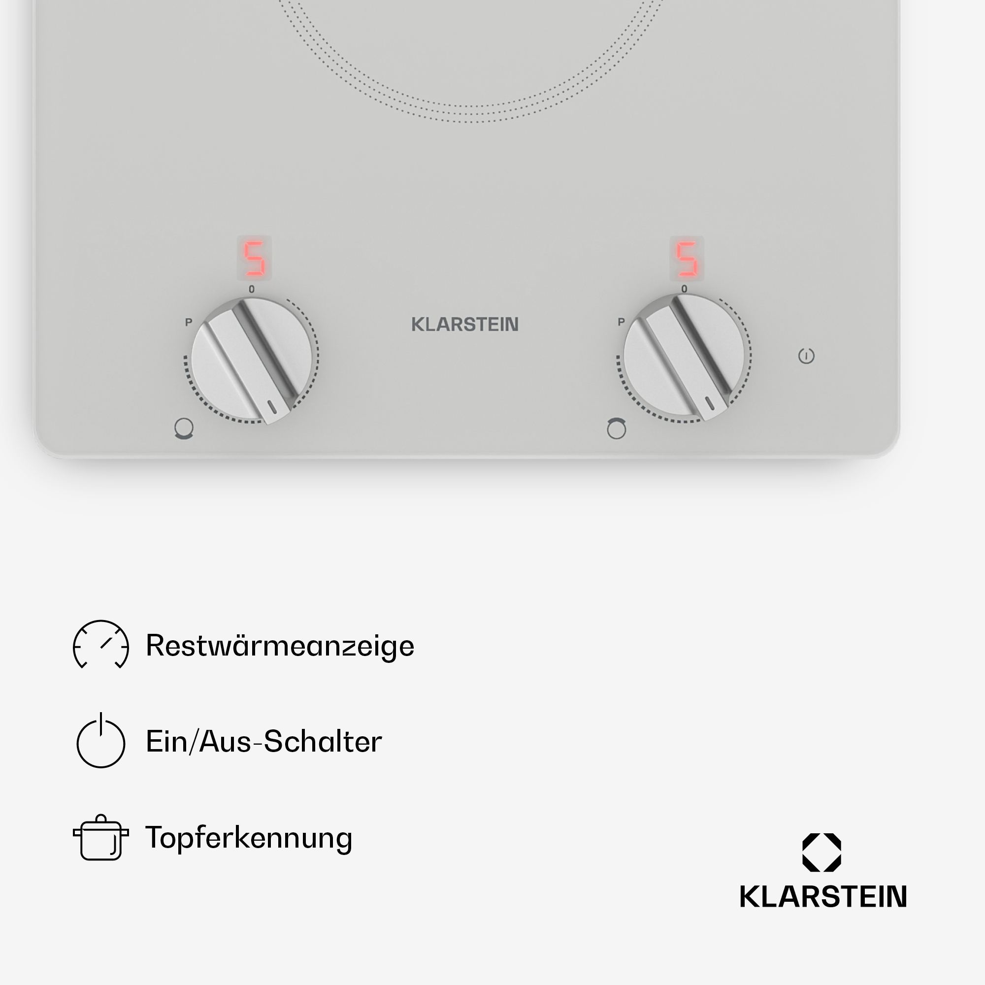 Grauer Kochfeldbediener mit zwei Drehknöpfen und digitalen Anzeigen.