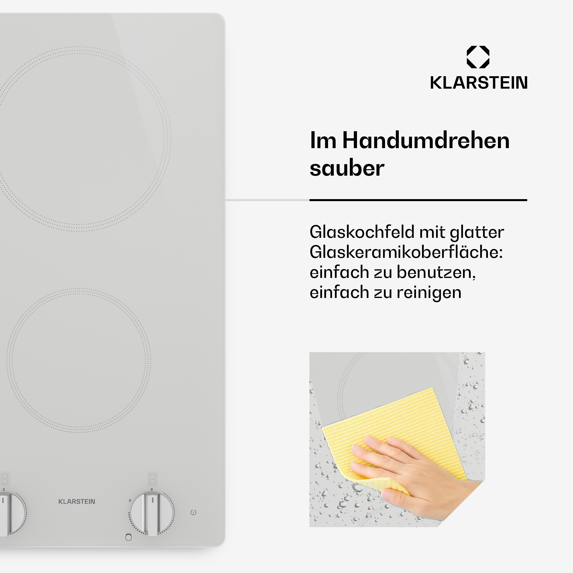 Glaskeramikkochfeld mit zwei Kochzonen und Bedienelementen, eine Hand reinigt es.