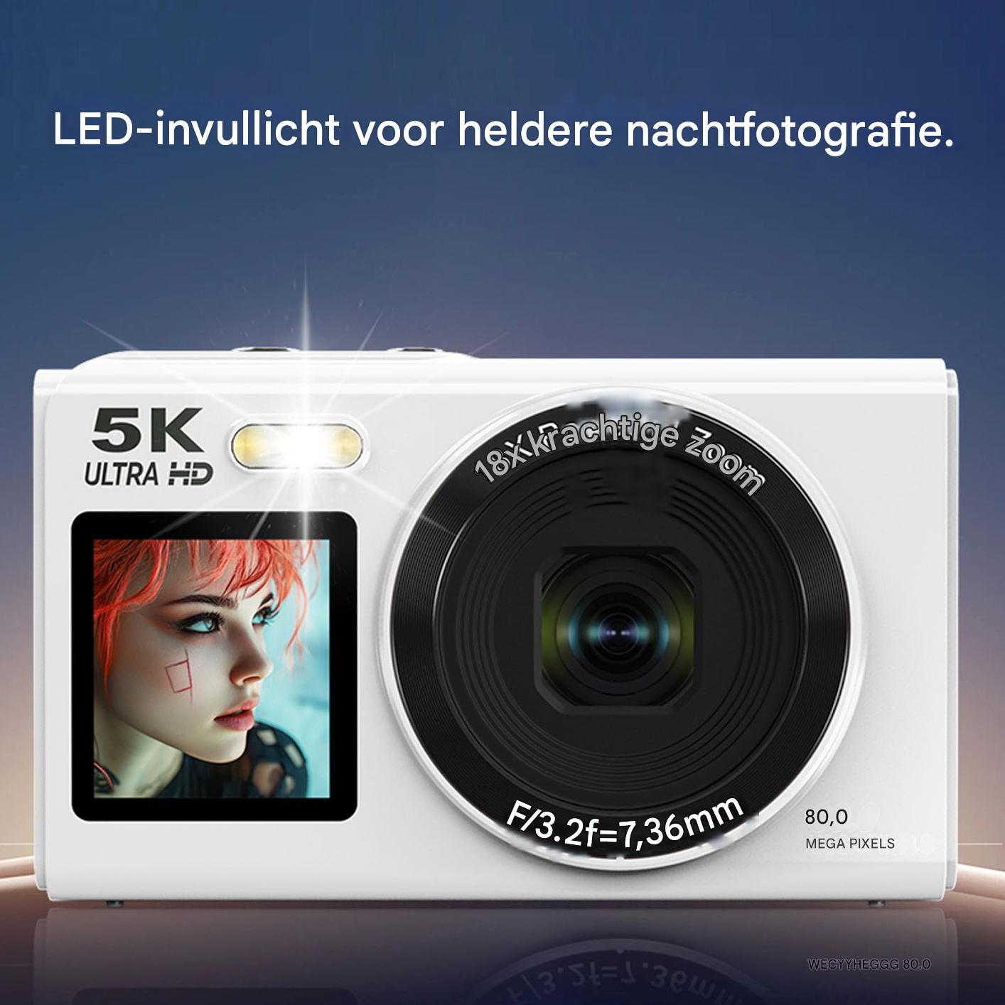 Eine weiße Kamera mit 18-fachem Zoom, 5K Ultra HD, 80 MP. Ein Porträt ist auf dem Bildschirm zu sehen.