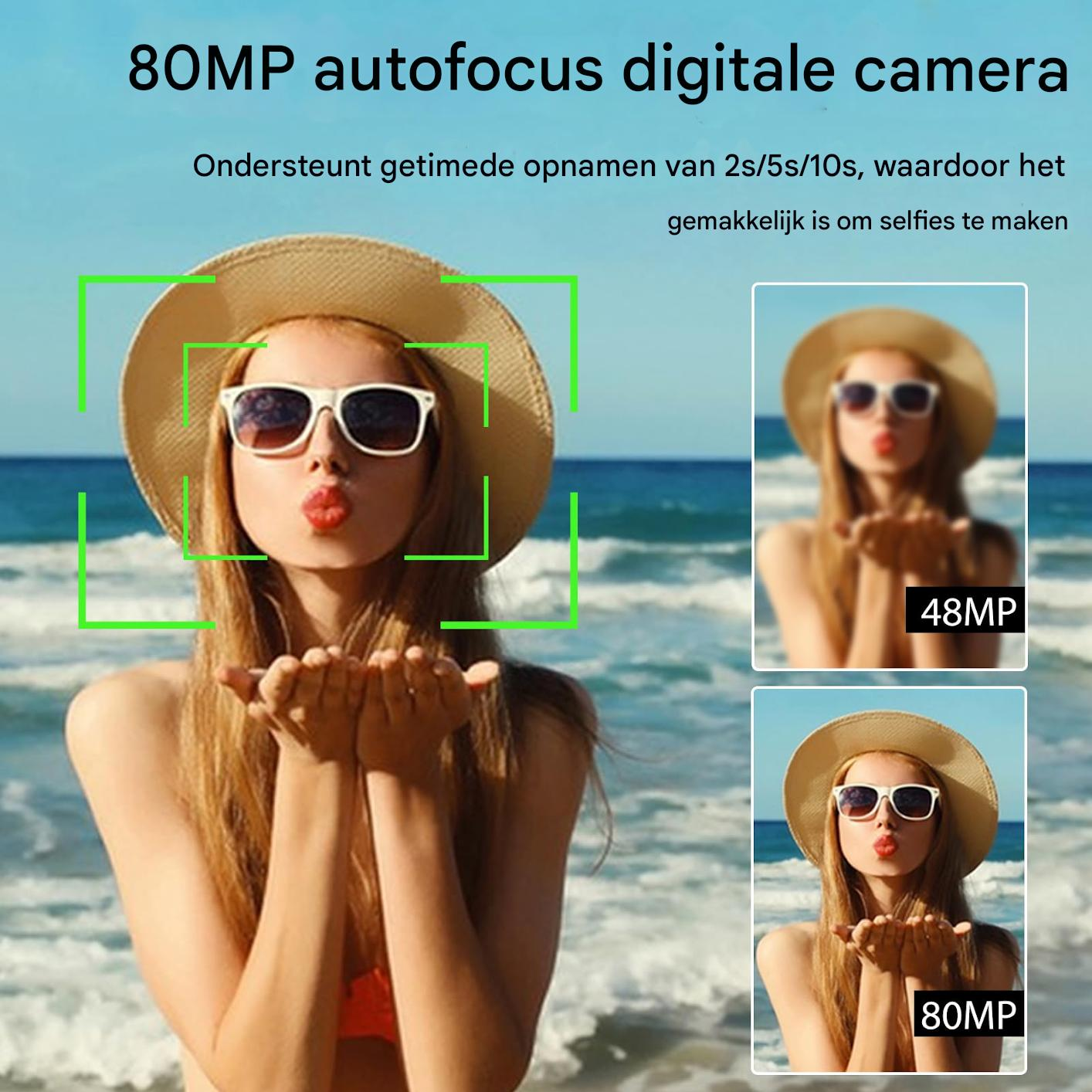 Frau am Strand macht Selfie mit 80MP Kamera, blaue Wellen im Hintergrund.