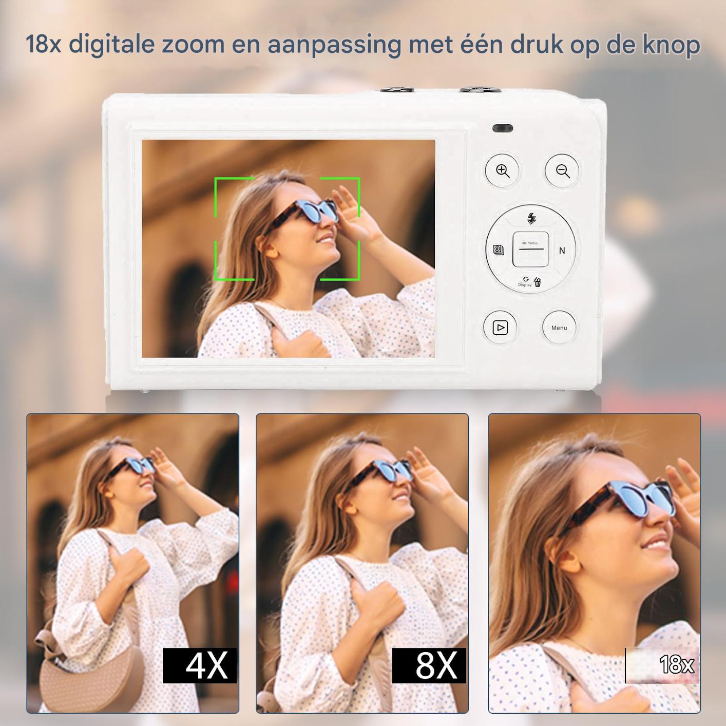 Weiße Kamera zeigt Frau mit Sonnenbrille; Zoomstufen 4x, 8x, 18x.