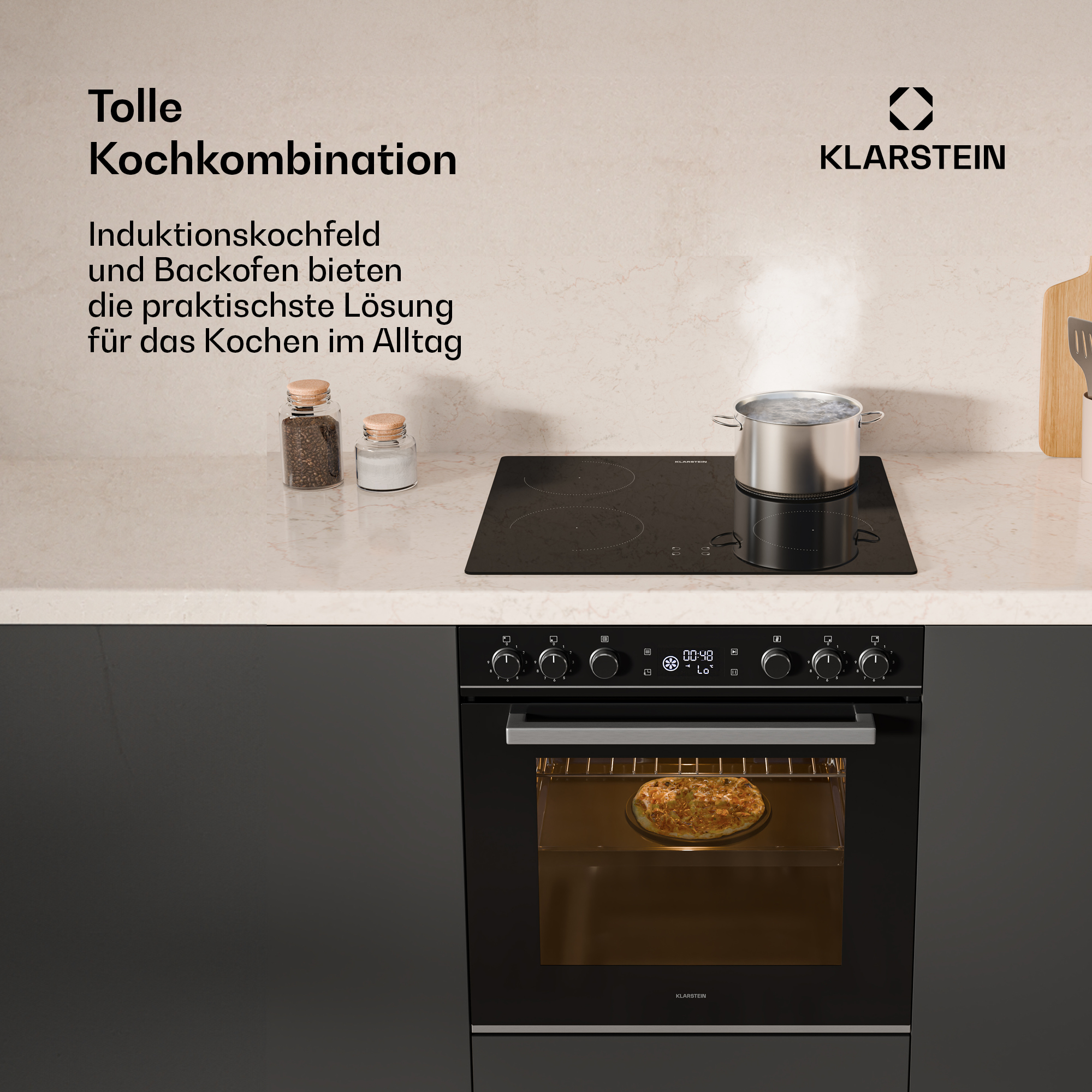 Ein Induktionskochfeld mit Topf und ein Backofen mit Pizza.