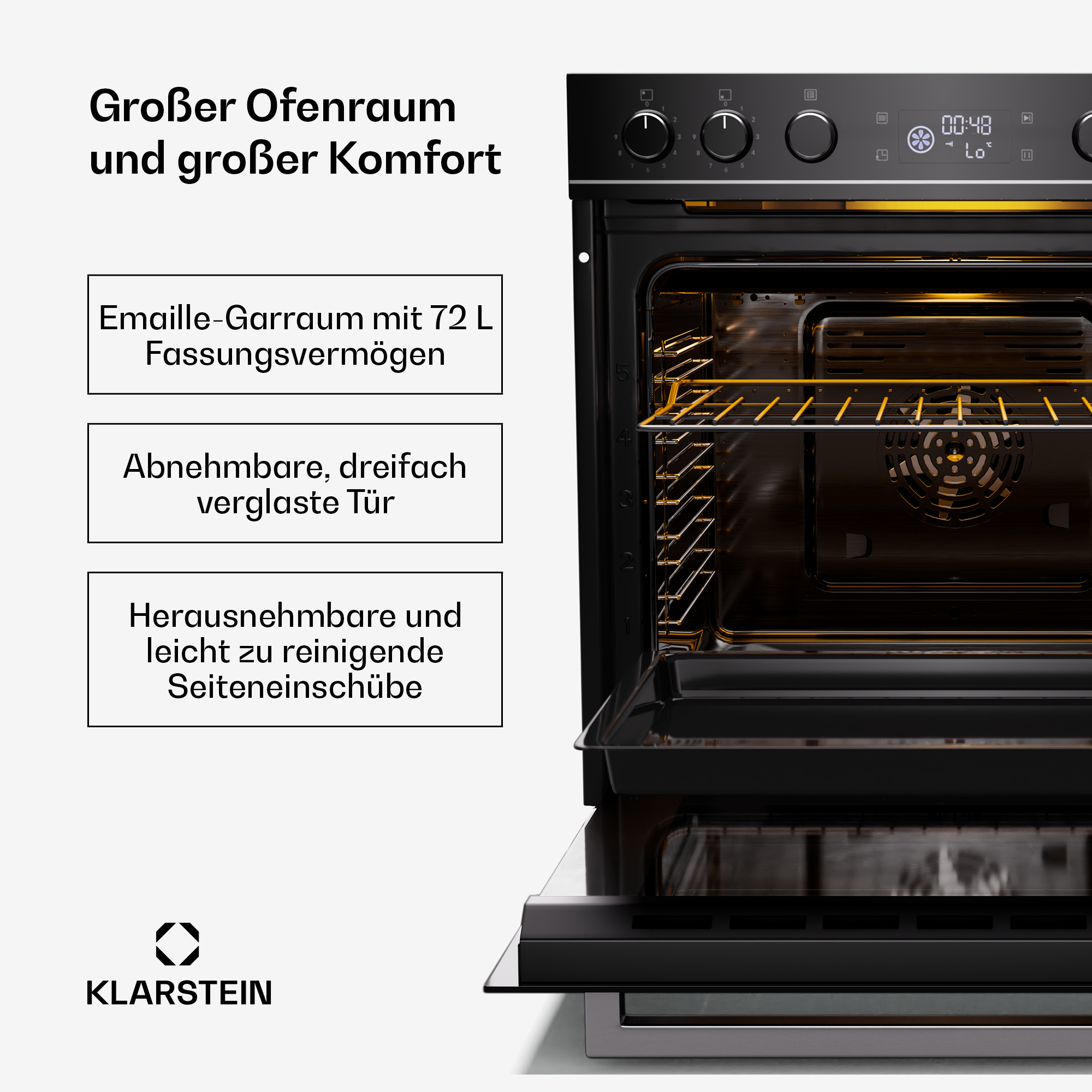 Ein moderner schwarzer Ofen mit geöffneter Tür und Bedienelementen.
