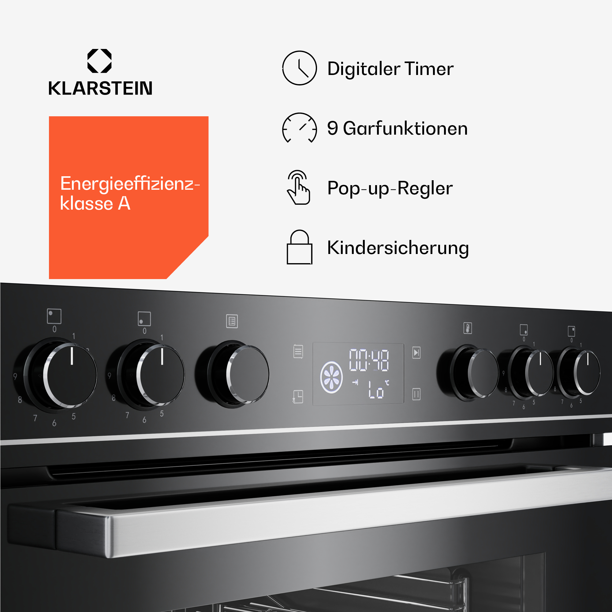 Klarstein-Ofen mit digitalem Timer, 9 Kochfunktionen, Pop-up-Regler & Kindersicherung.