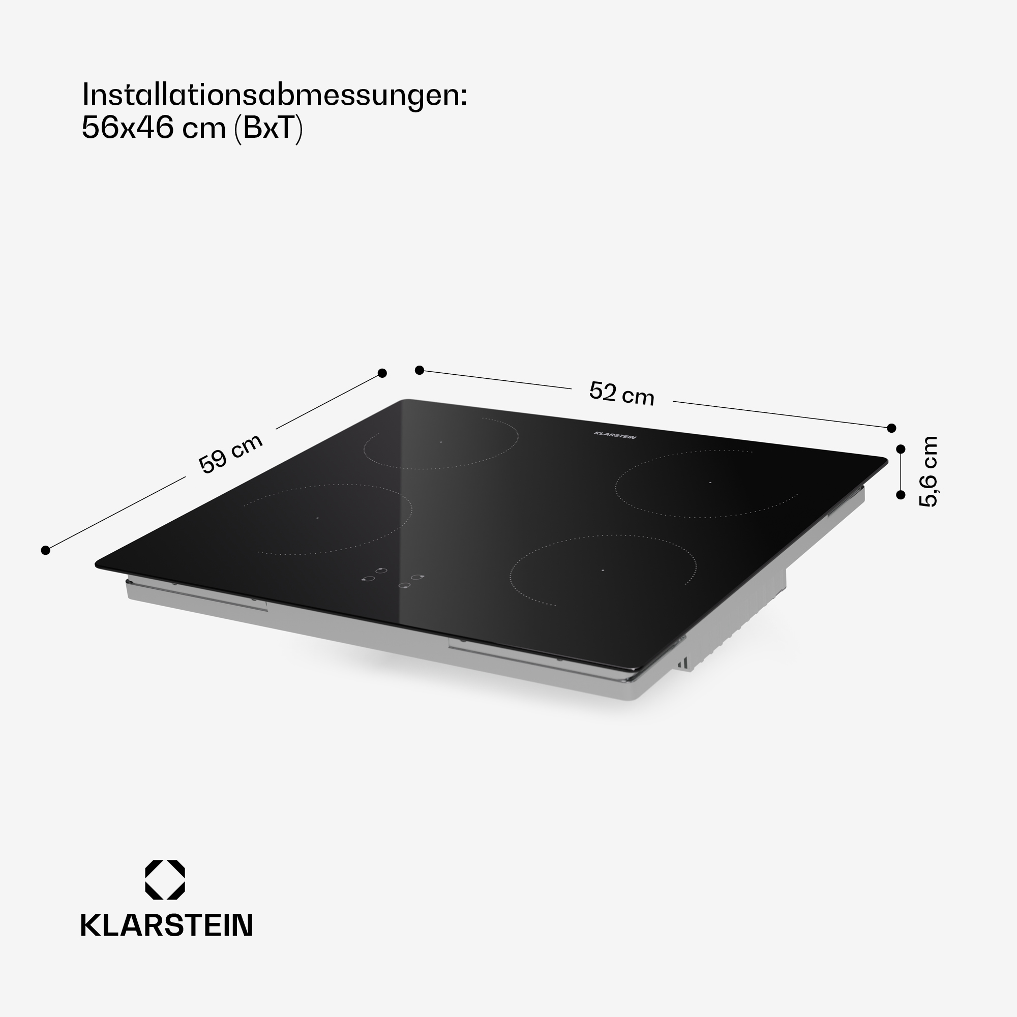 Schwarze Kochplatte mit vier Kochzonen, Maße 59x52x5.6cm.