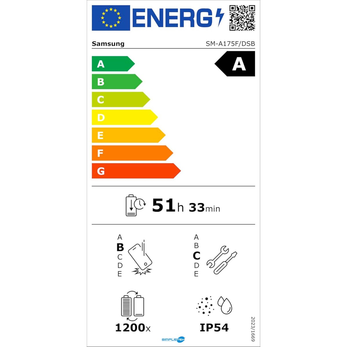 Etichetta energetica Samsung, classe A, 51h 33min, IP54.