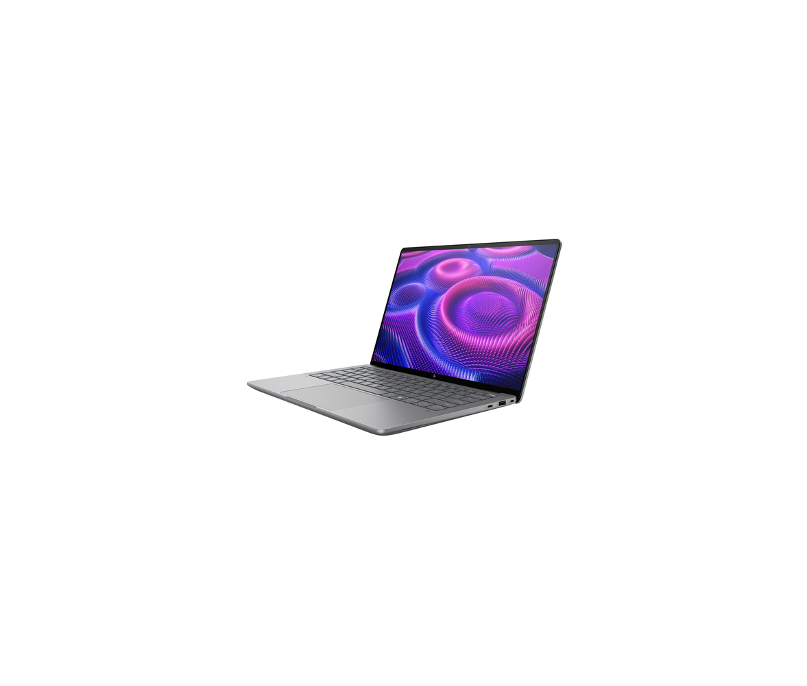Een grijze laptop met een paars en blauw abstract patroon op het scherm.