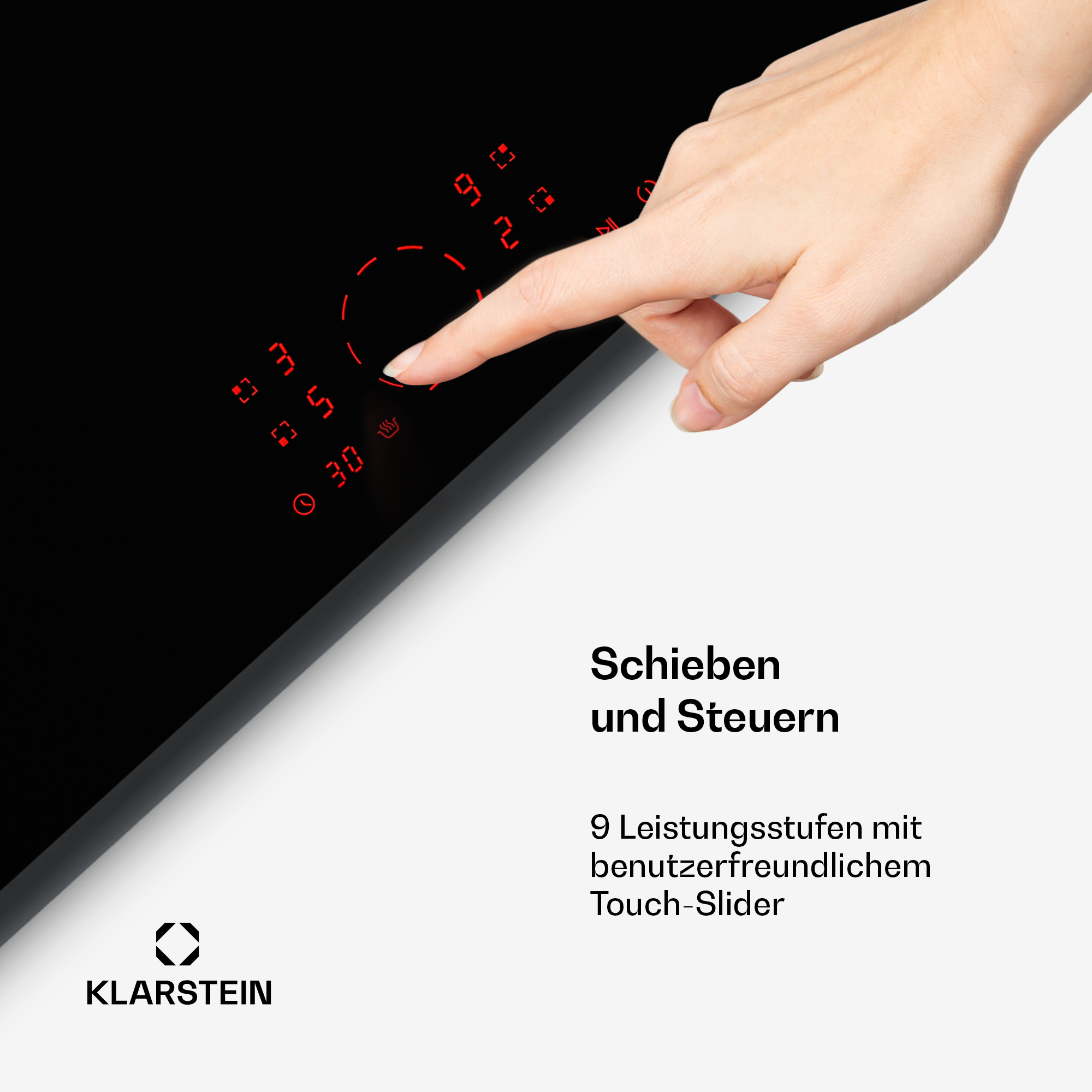 Eine Hand berührt ein schwarzes Induktionskochfeld mit roten Digitalanzeigen. Text: Schieben und Steuern.