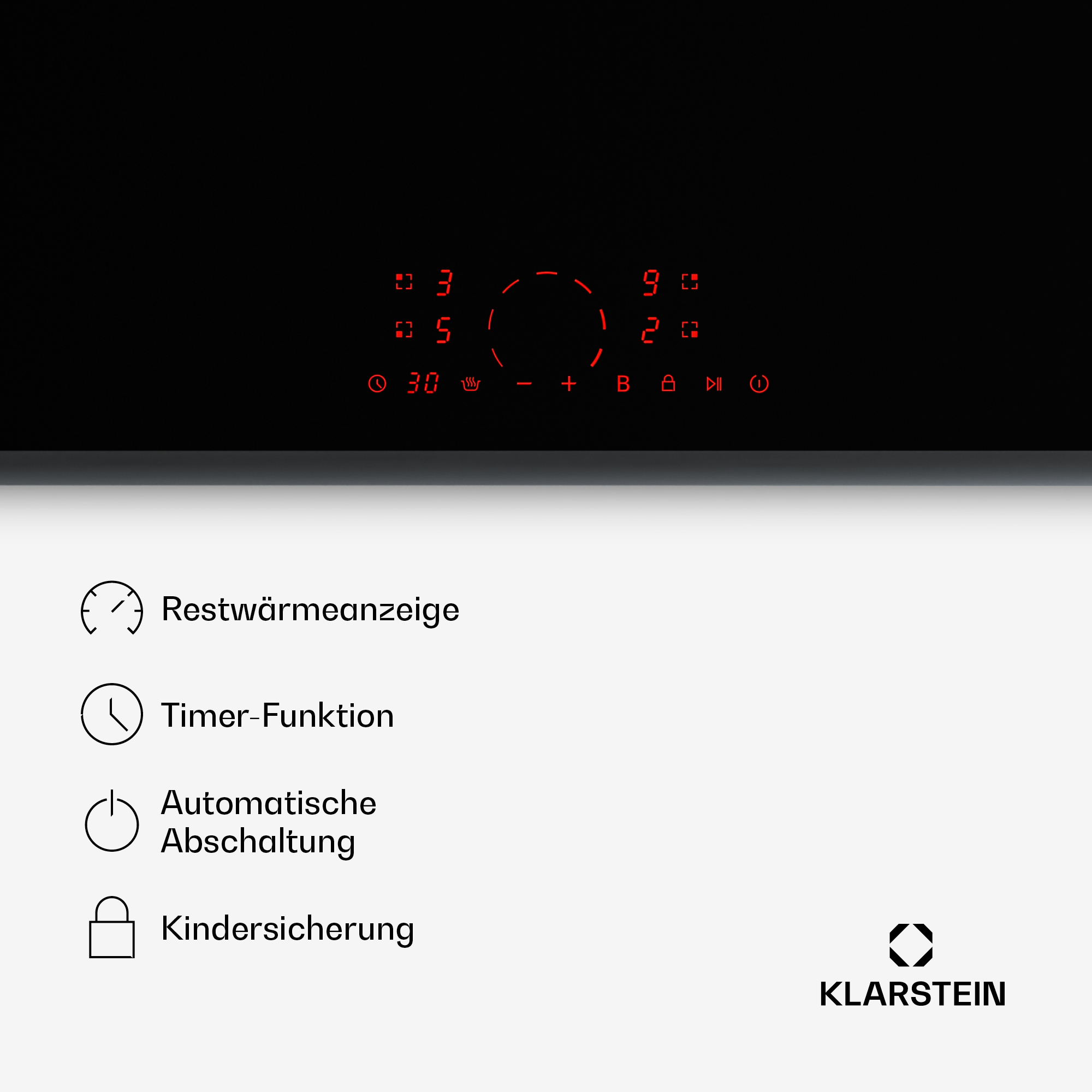 Ein Kochfeld mit roten Digitalanzeigen für Zeit, Leistung und Funktionen.